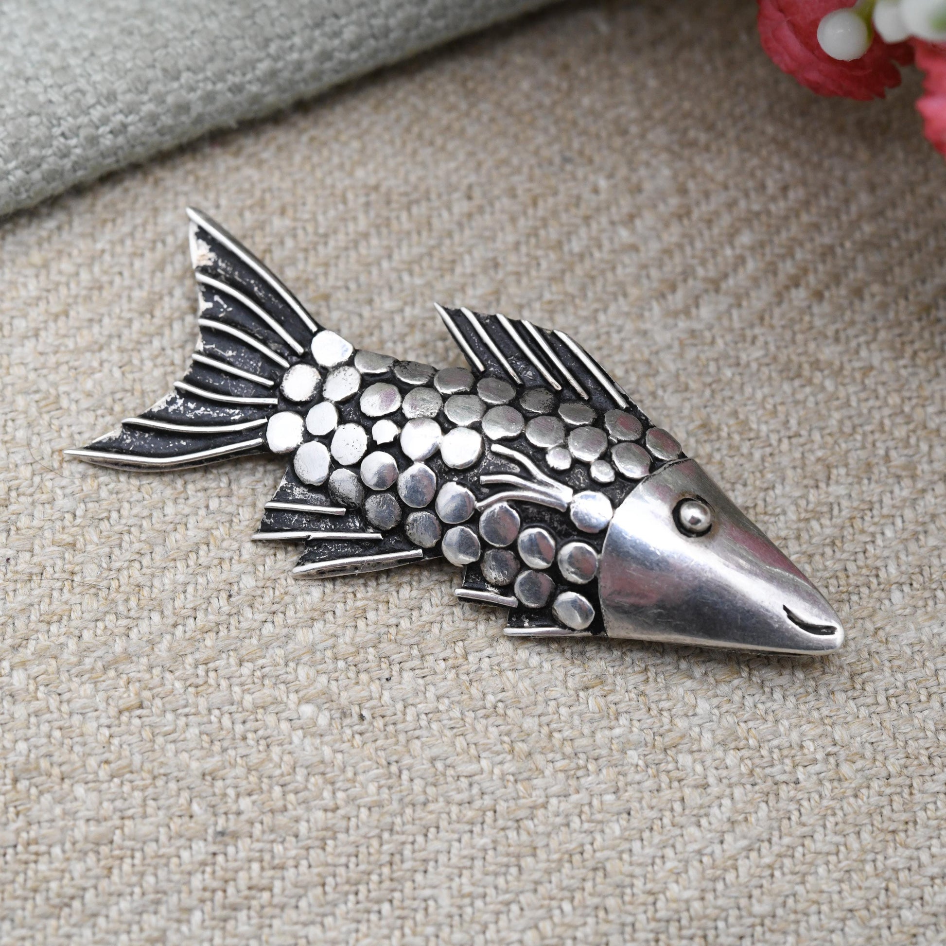 Vintage Mid-Century Sterling Silver Fish Brooch with Smiley Face and Textured Scales