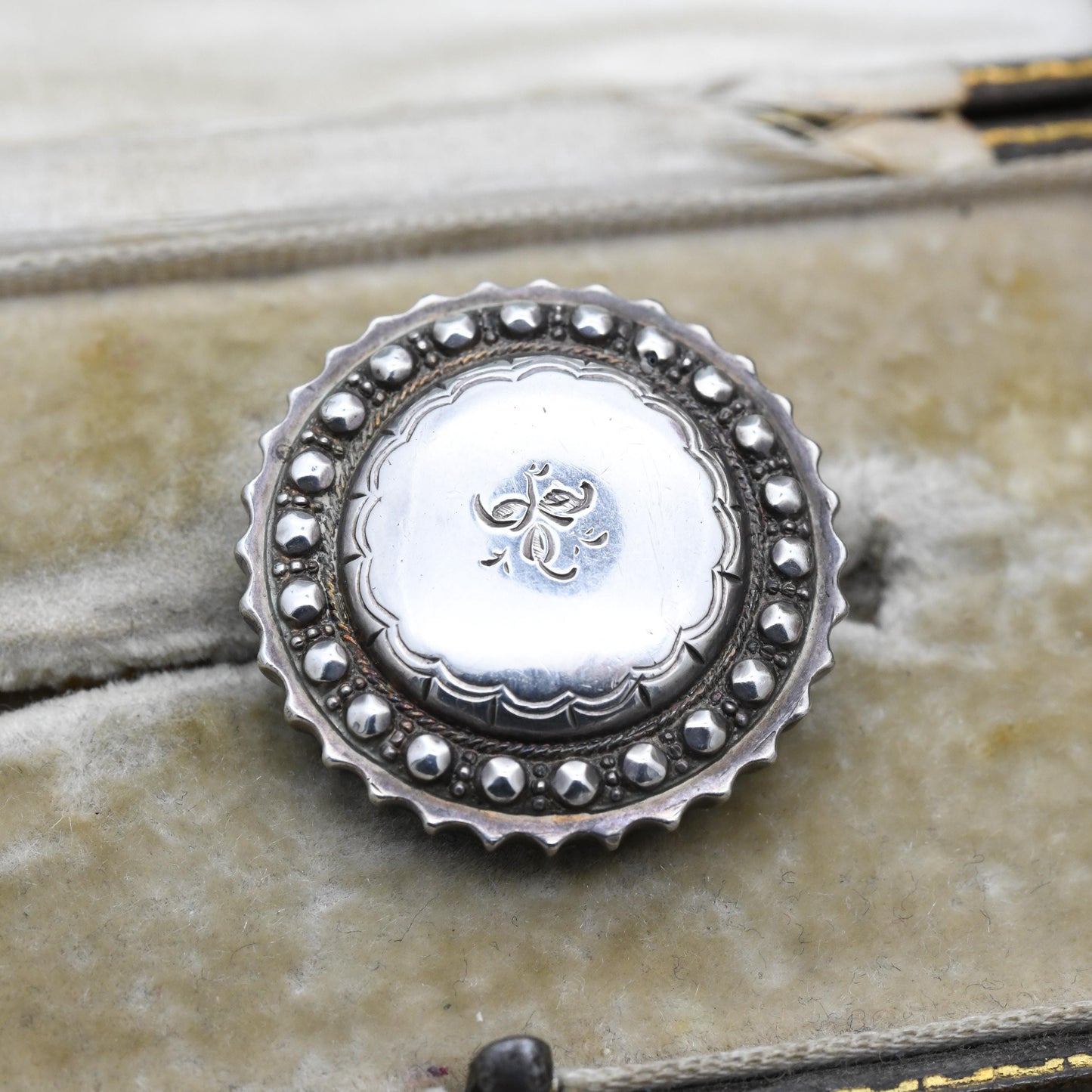 Antique Victorian Sterling Silver Brooch Aesthetic Movement - Small Leaf Flower Brooch | Hand Engraved Detailed Border