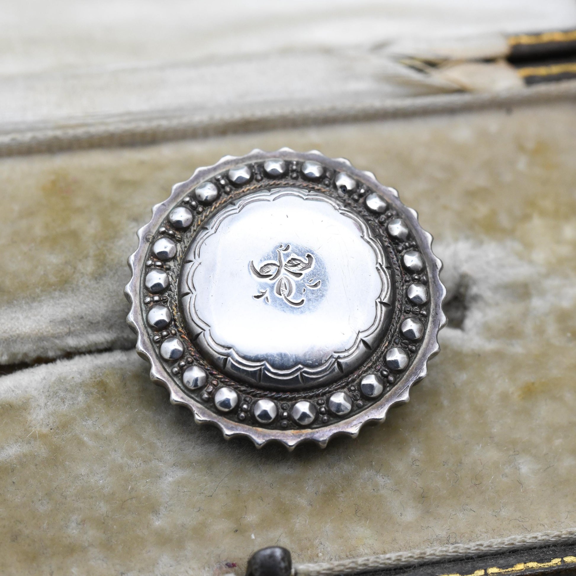 Antique Victorian Sterling Silver Brooch Aesthetic Movement - Small Leaf Flower Brooch | Hand Engraved Detailed Border