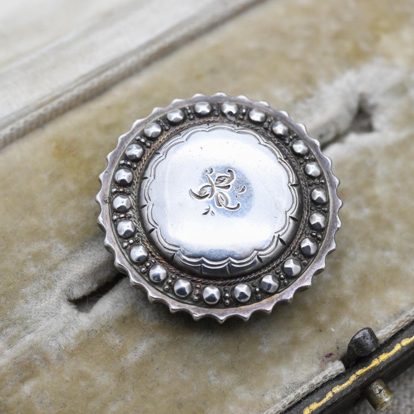 Antique Victorian Sterling Silver Brooch Aesthetic Movement - Small Leaf Flower Brooch | Hand Engraved Detailed Border