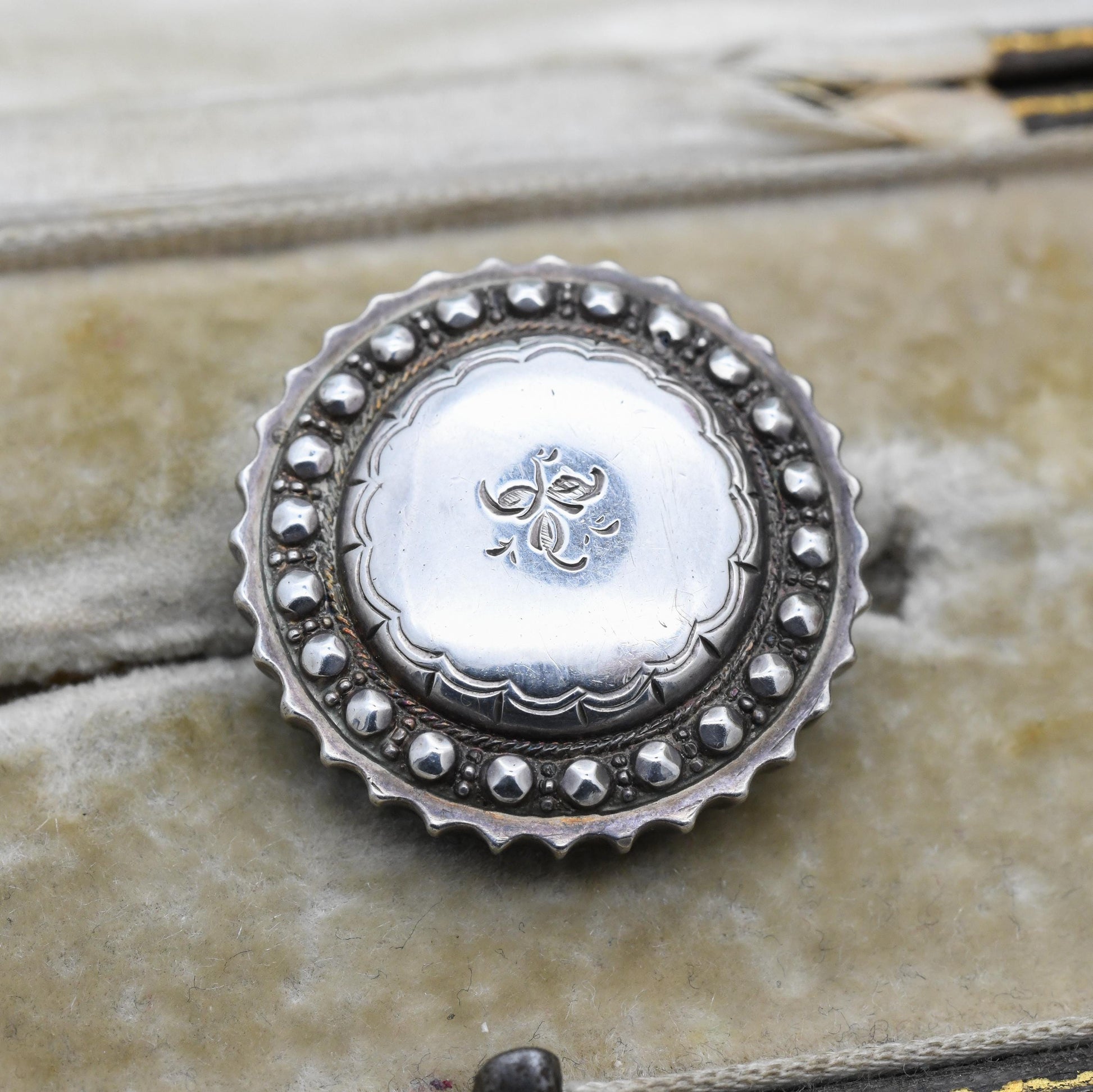 Antique Victorian Sterling Silver Brooch Aesthetic Movement - Small Leaf Flower Brooch | Hand Engraved Detailed Border