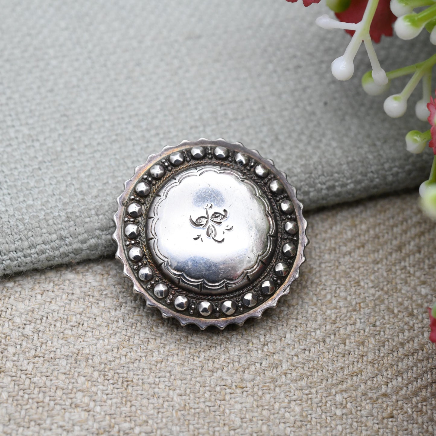 Antique Victorian Sterling Silver Brooch Aesthetic Movement - Small Leaf Flower Brooch | Hand Engraved Detailed Border