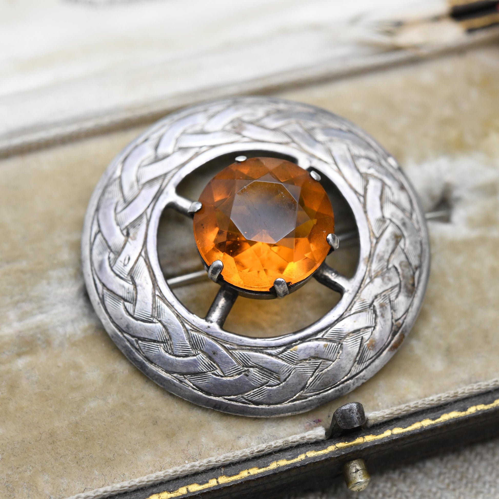 Vintage Scottish Sterling Silver Celtic Brooch with Orange Glass Stone 1949 Glasgow Hallmarks