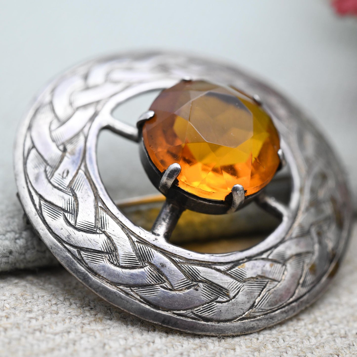 Vintage Scottish Sterling Silver Celtic Brooch with Orange Glass Stone 1949 Glasgow Hallmarks