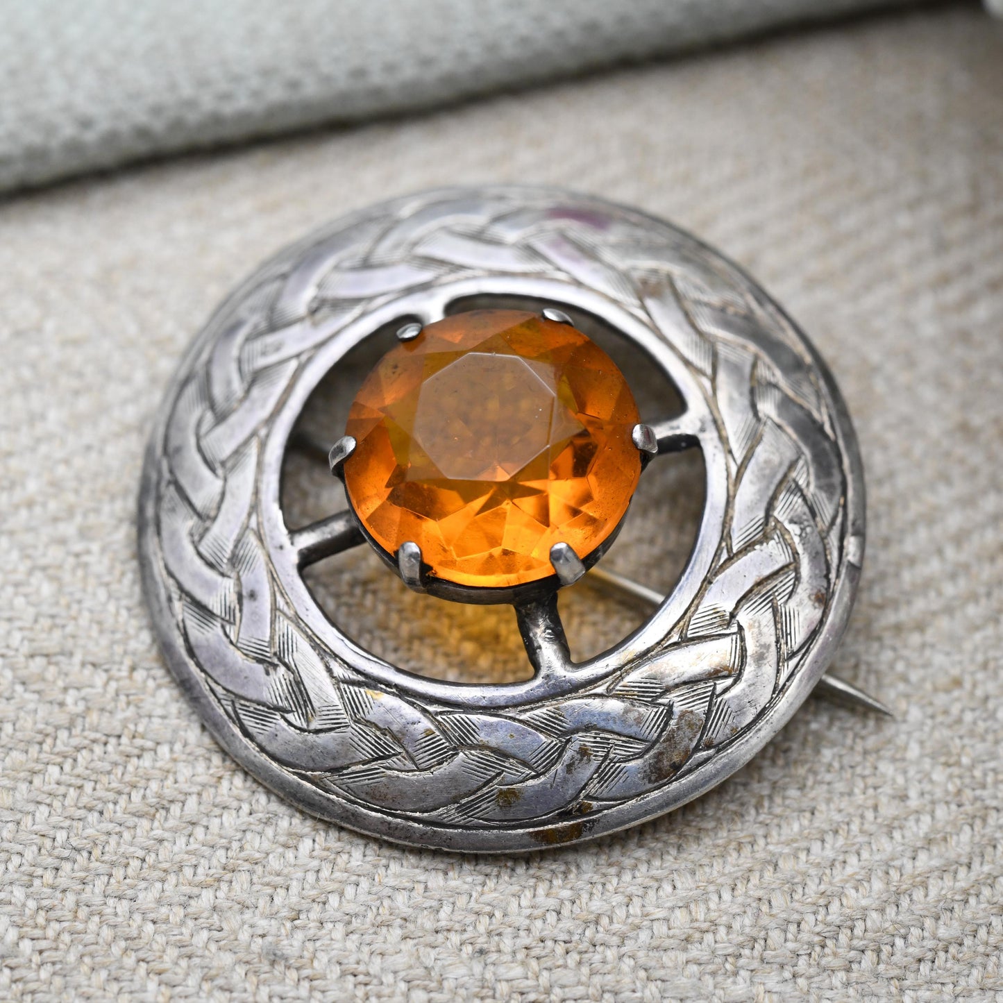 Vintage Scottish Sterling Silver Celtic Brooch with Orange Glass Stone 1949 Glasgow Hallmarks