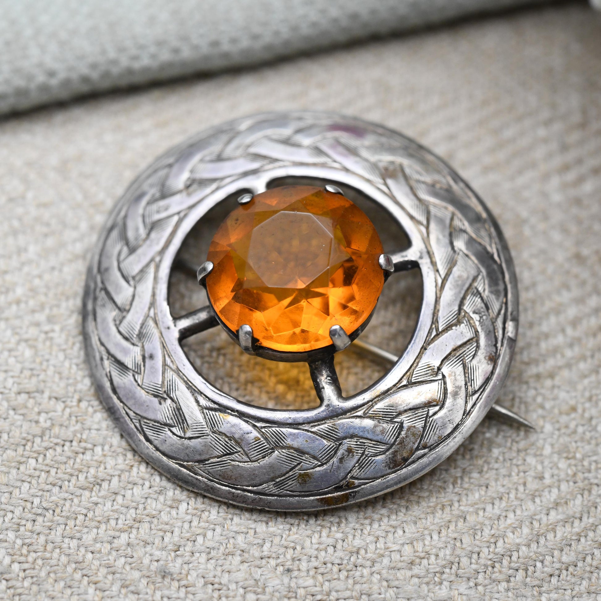 Vintage Scottish Sterling Silver Celtic Brooch with Orange Glass Stone 1949 Glasgow Hallmarks