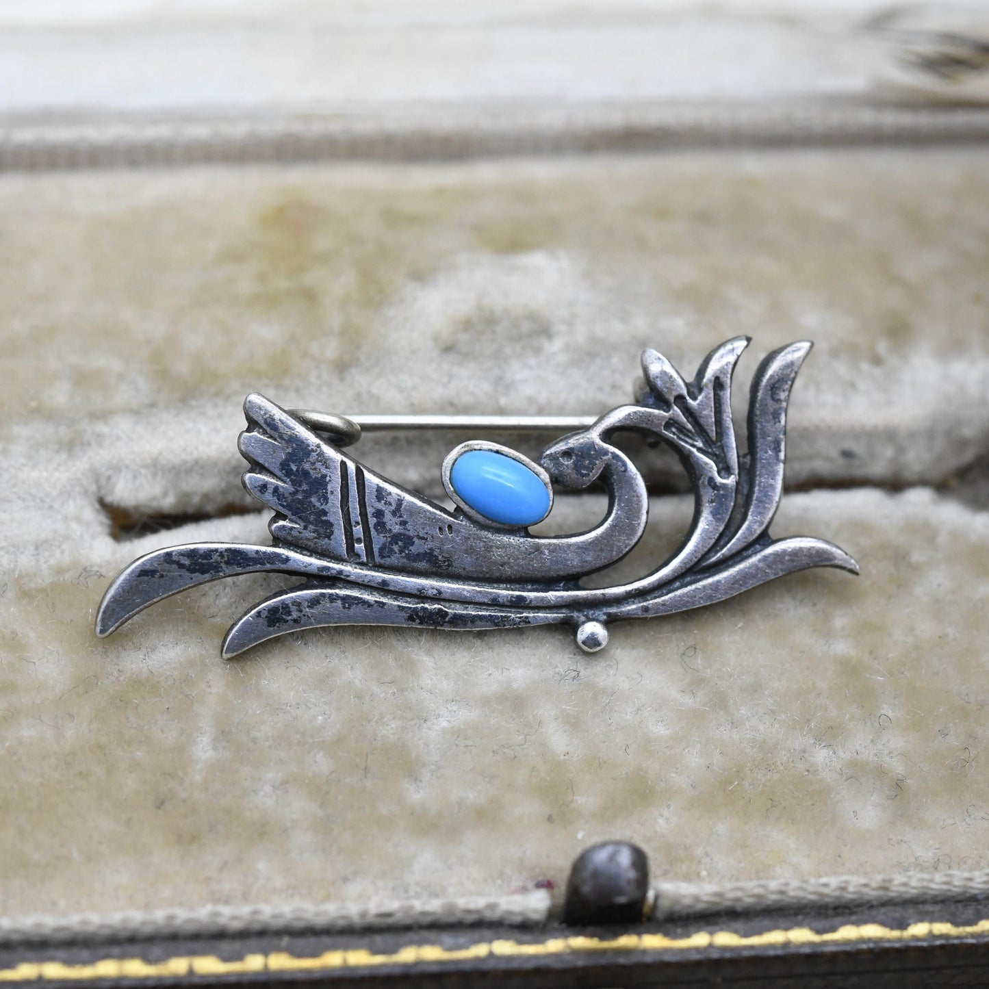 Vintage Silver Turquoise Bird Brooch with Figural Design