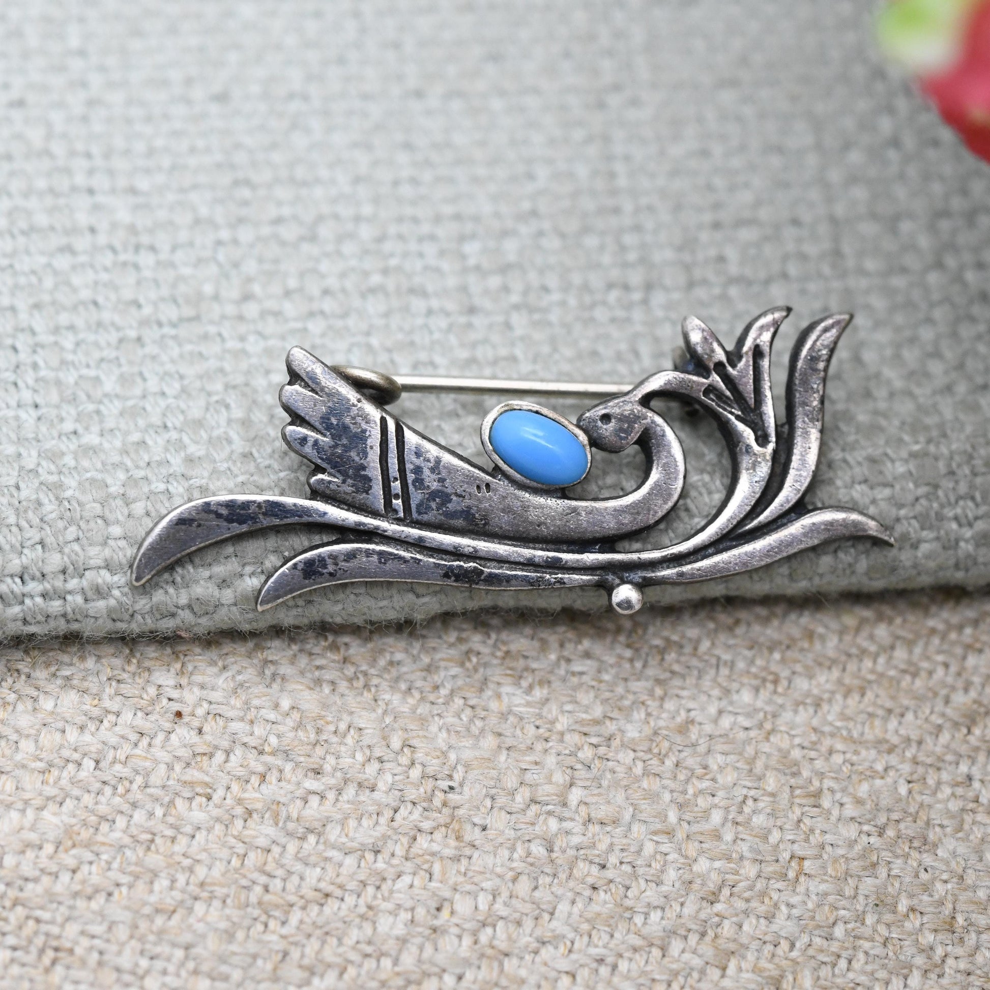 Vintage Silver Turquoise Bird Brooch with Figural Design