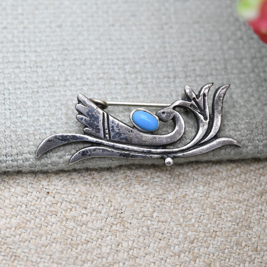 Vintage Silver Turquoise Bird Brooch with Figural Design