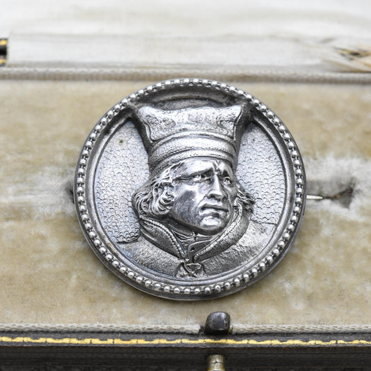 Vintage European Silver Medieval Man Brooch by H. Møller Trondhjem - Repoussé Portrait and Textured Detailing | Raised Relief Profile
