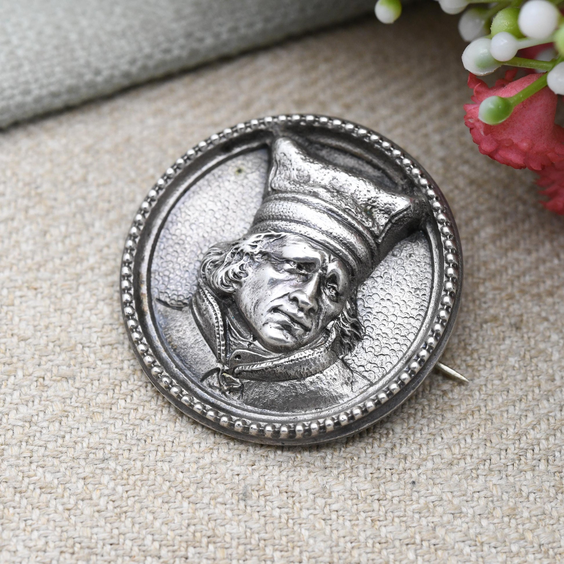 Vintage European Silver Medieval Man Brooch by H. Møller Trondhjem - Repoussé Portrait and Textured Detailing | Raised Relief Profile