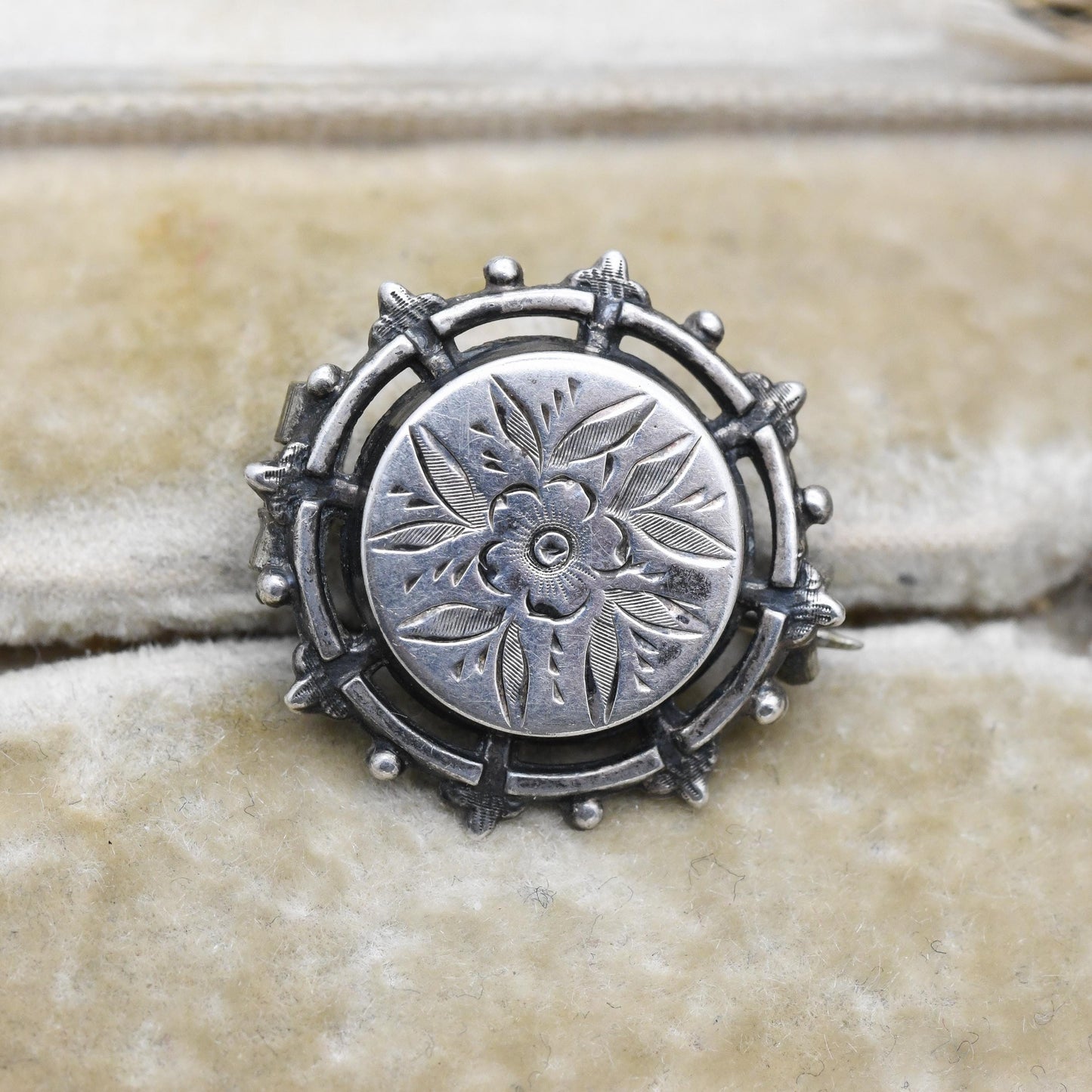 Antique Victorian Sterling Silver Brooch Aesthetic Movement - Small Leaf Flower Brooch | Hand Engraved