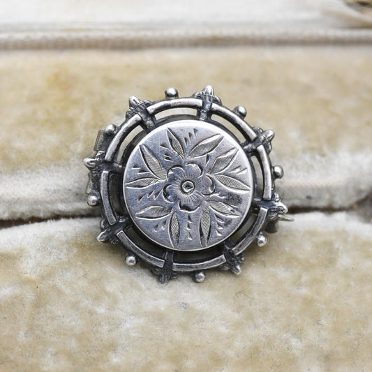 Antique Victorian Sterling Silver Brooch Aesthetic Movement - Small Leaf Flower Brooch | Hand Engraved
