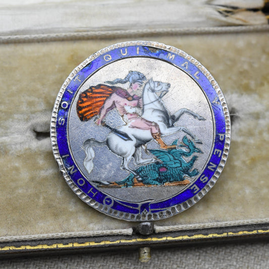 Antique Enamelled George III Crown Coin Brooch - Sterling Silver Enamel Coin Jewellery | George and the Dragon | Honi Soit Qui Mal Y Pense