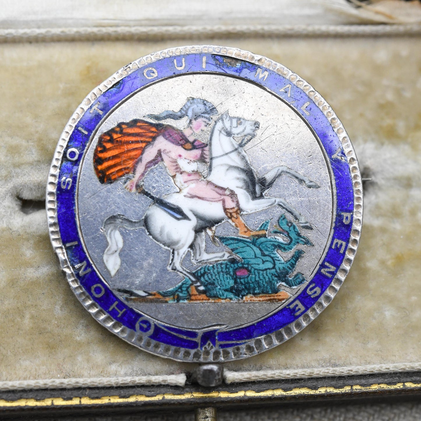 Antique Enamelled George III Crown Coin Brooch - Sterling Silver Enamel Coin Jewellery | George and the Dragon | Honi Soit Qui Mal Y Pense