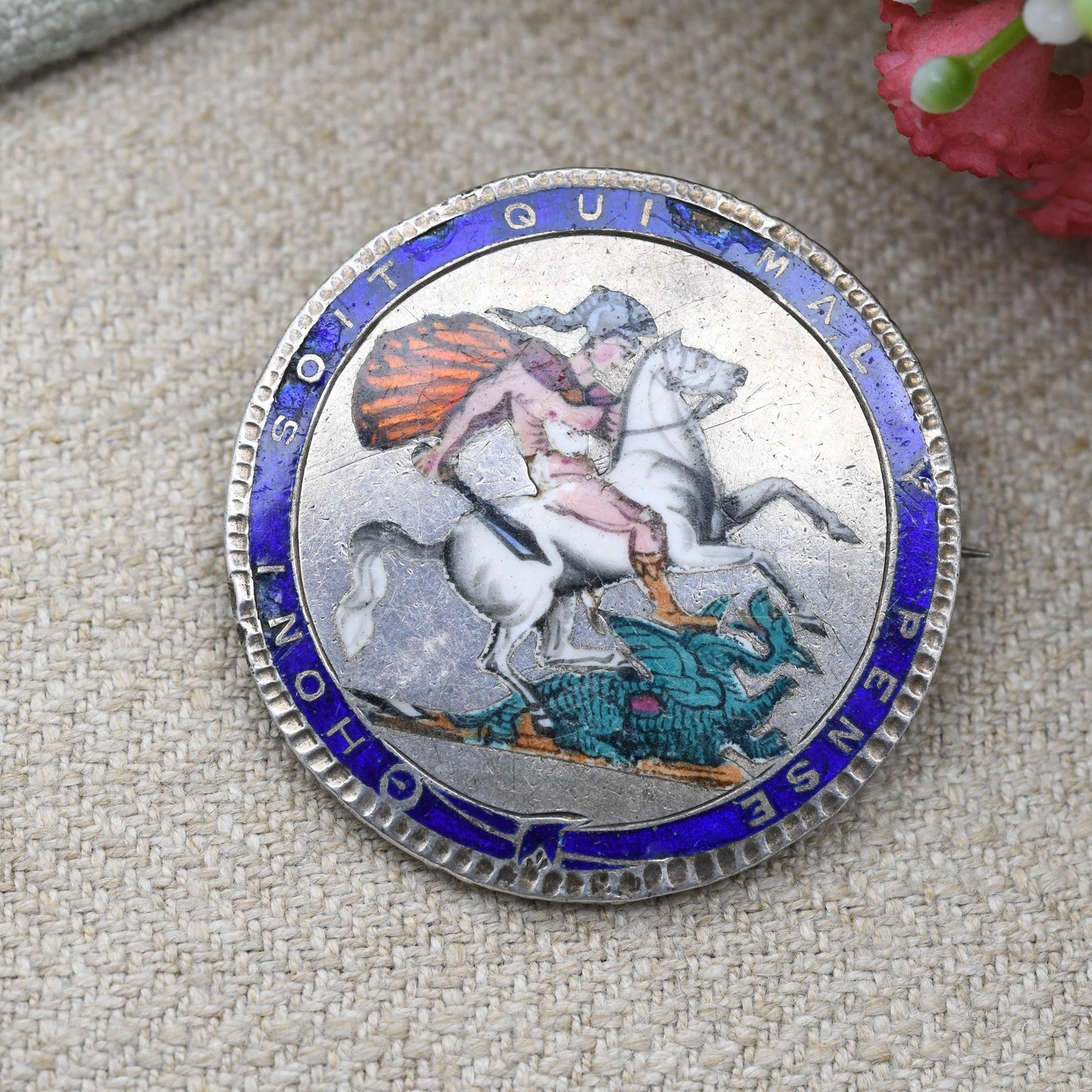 Antique Enamelled George III Crown Coin Brooch - Sterling Silver Enamel Coin Jewellery | George and the Dragon | Honi Soit Qui Mal Y Pense