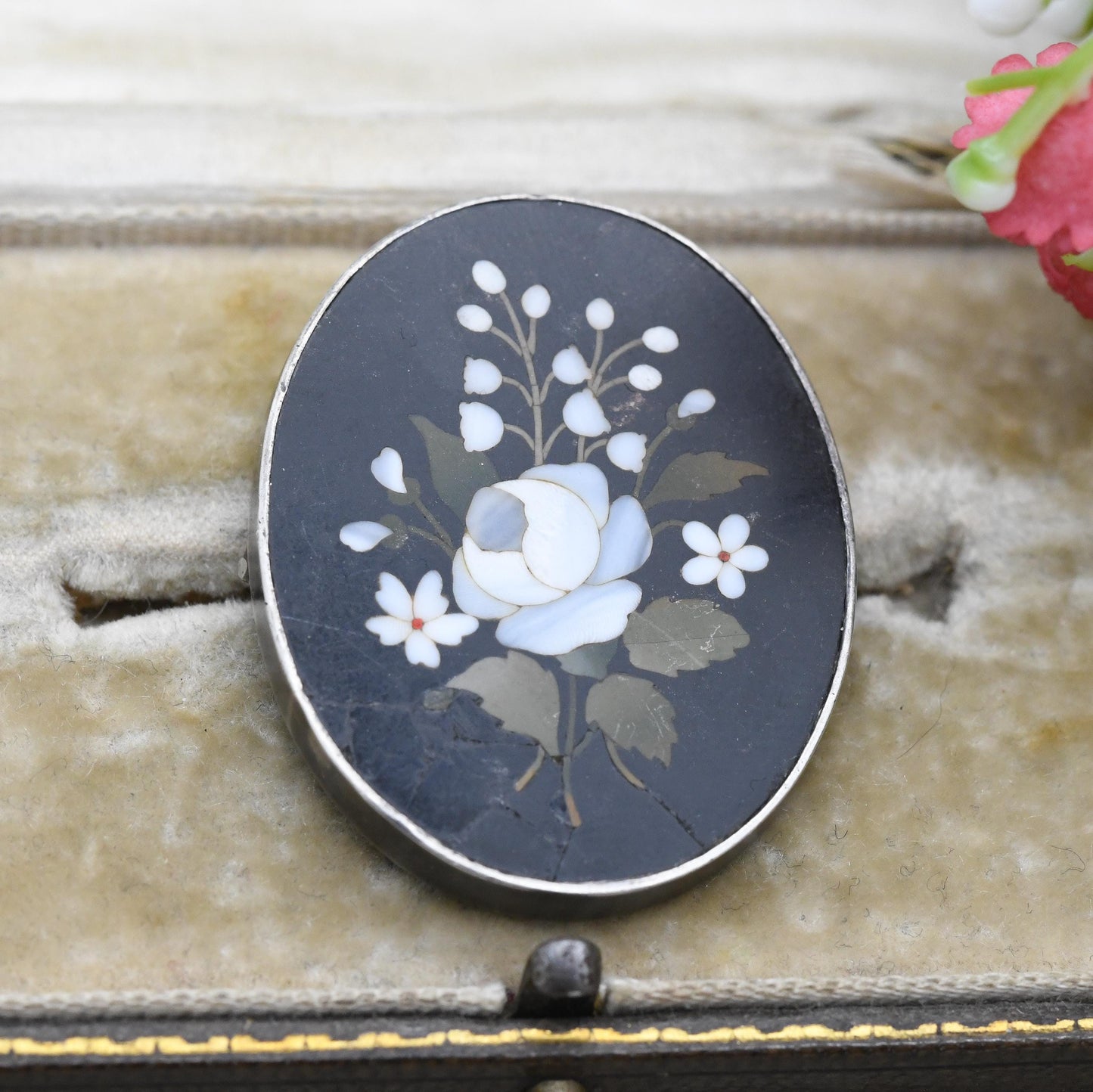 Antique Victorian Pietra Dura Floral Brooch c. 1890s - Gemstone Inlay in Hardstone