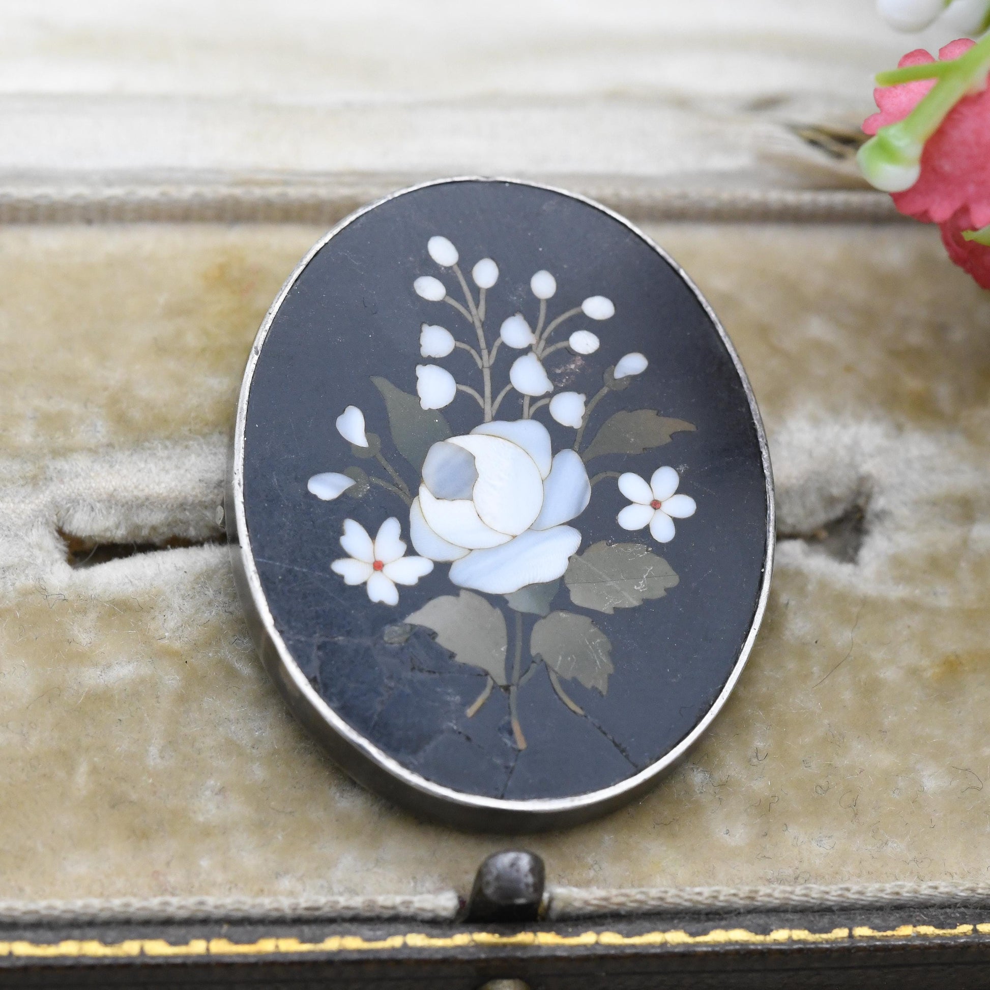 Antique Victorian Pietra Dura Floral Brooch c. 1890s - Gemstone Inlay in Hardstone