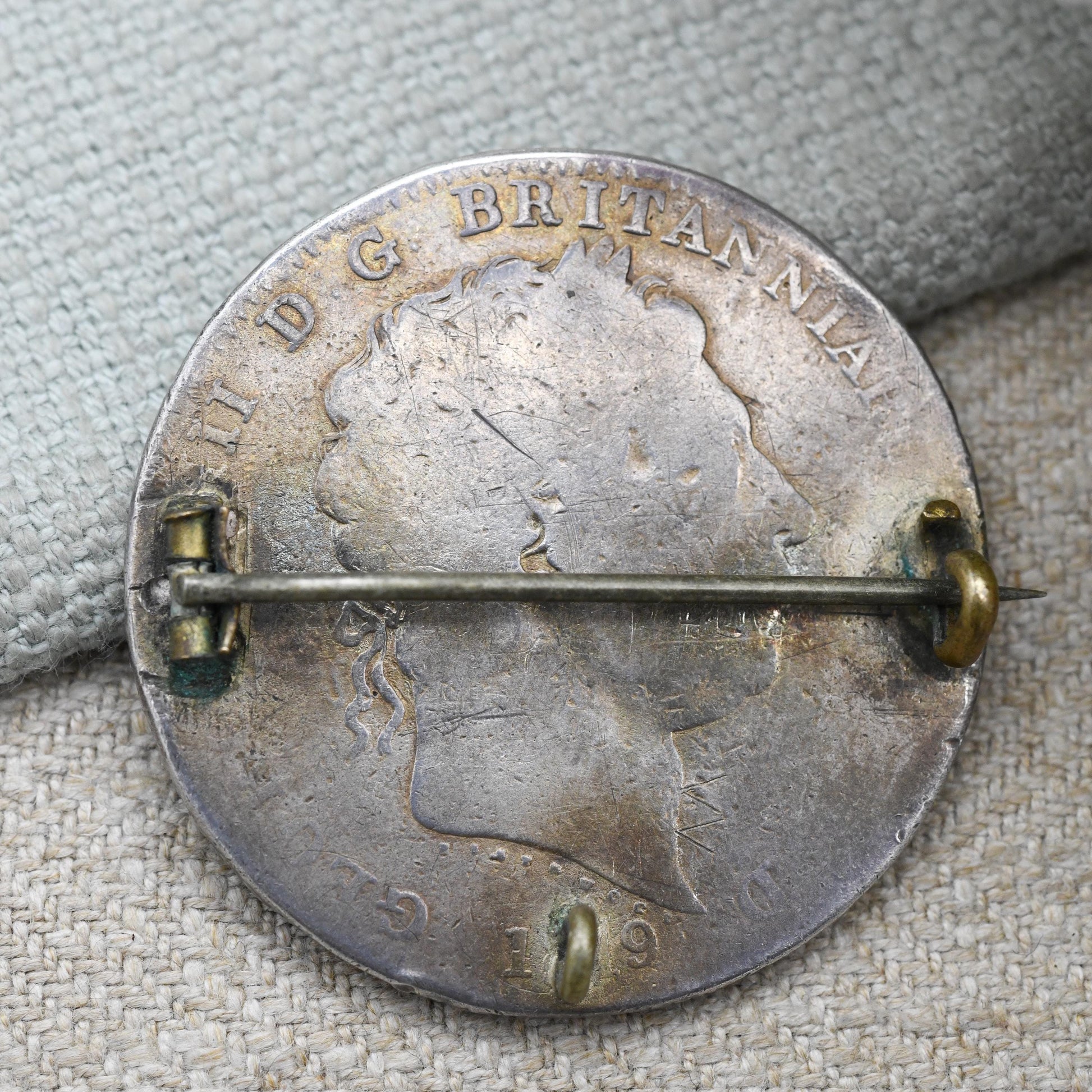 Antique Enamelled George III Crown Coin Brooch - Sterling Silver Enamel Coin Jewellery | George and the Dragon | Honi Soit Qui Mal Y Pense