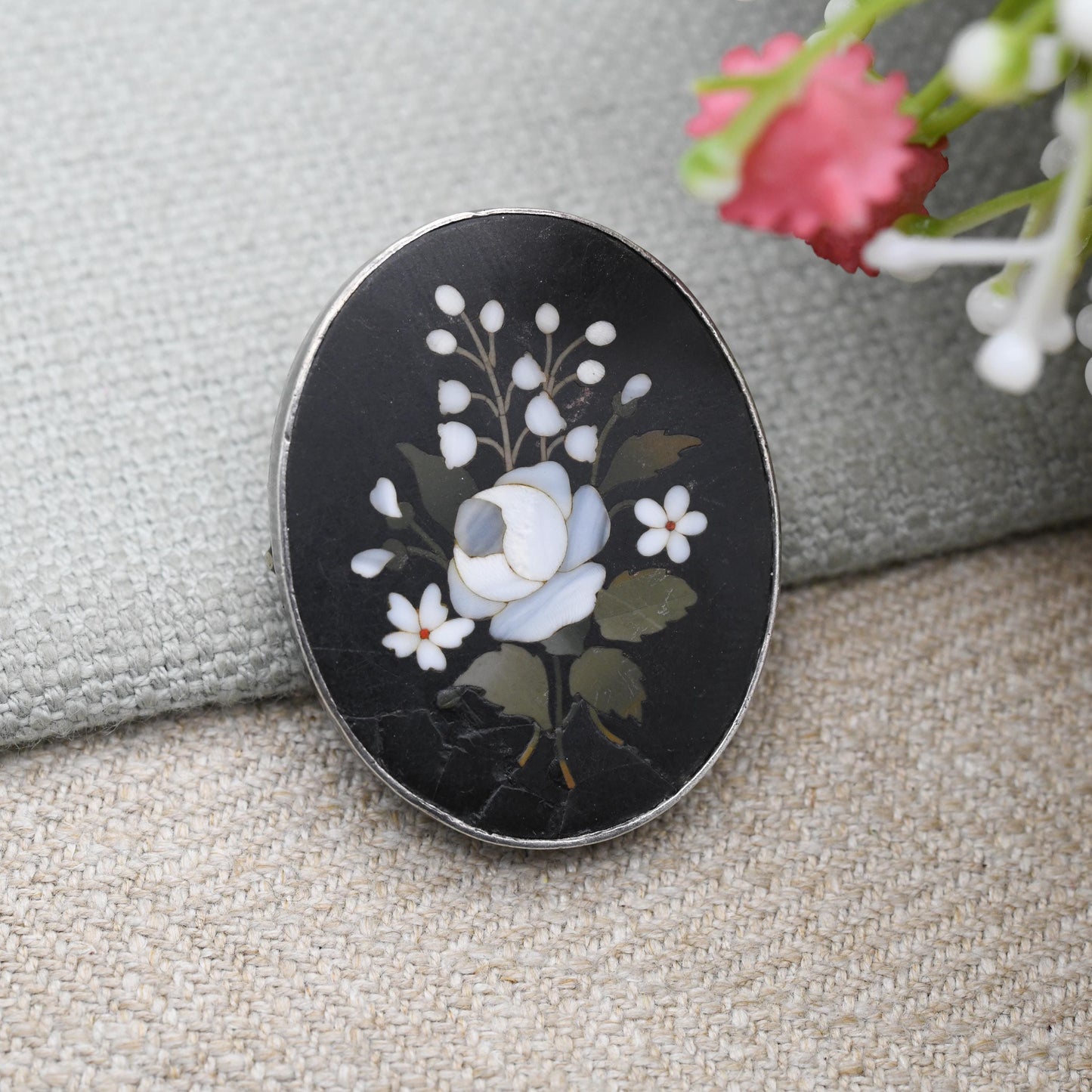 Antique Victorian Pietra Dura Floral Brooch c. 1890s - Gemstone Inlay in Hardstone