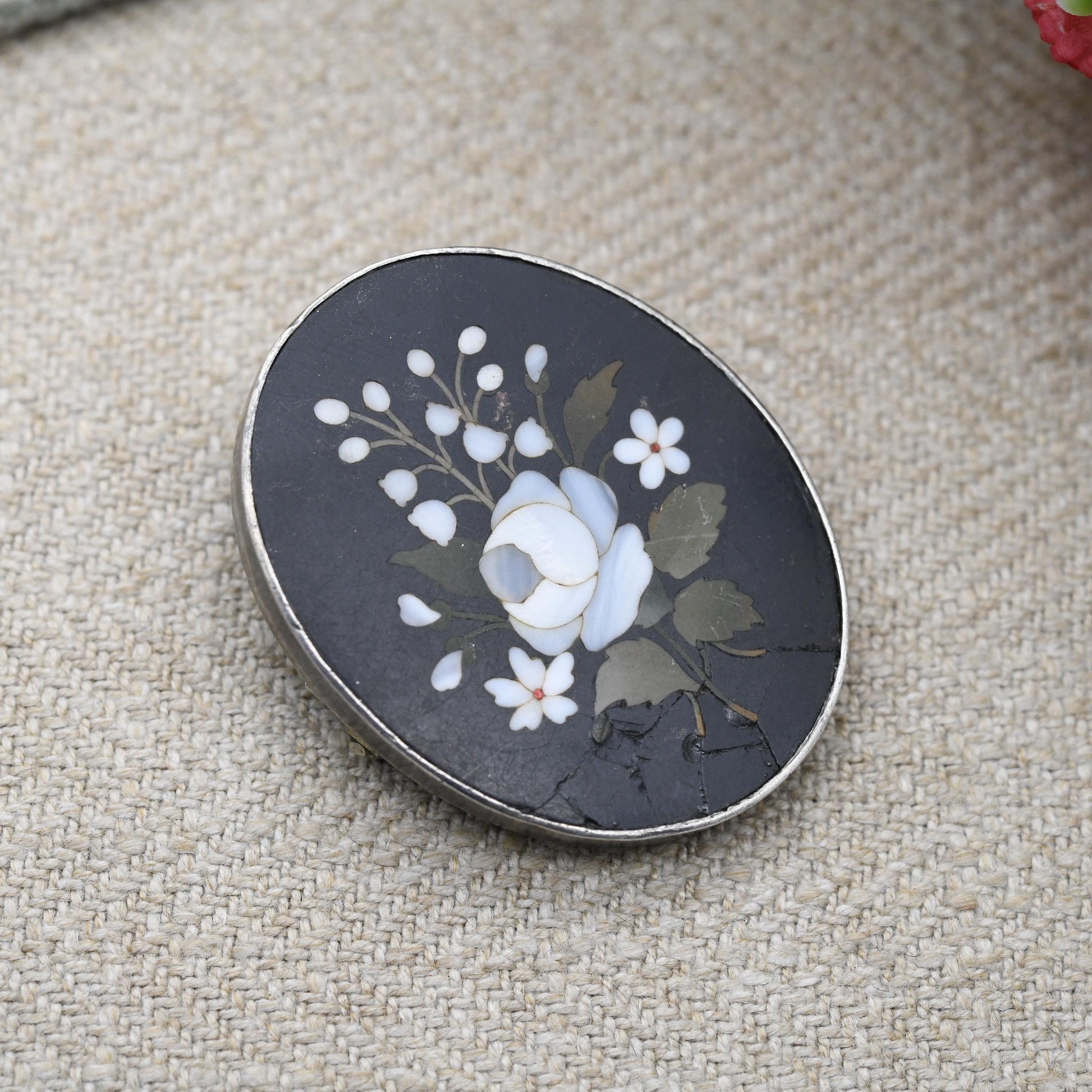 Antique Victorian Pietra Dura Floral Brooch c. 1890s - Gemstone Inlay in Hardstone