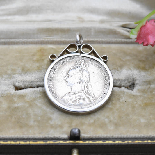 Antique 1887 Victoria Shilling Coin Charm Pendant - Openwork Scrolling Mount | Collectable Pendant