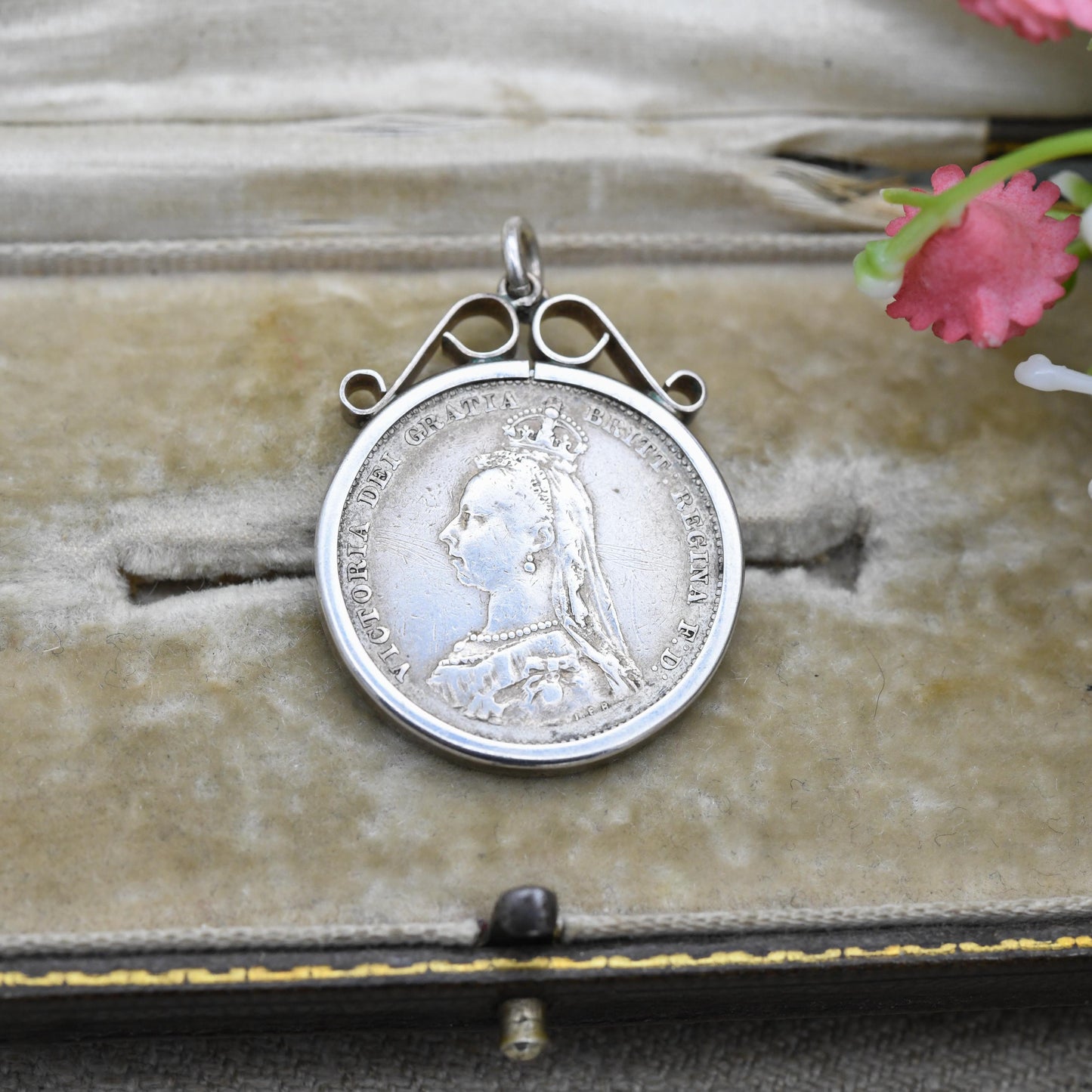 Antique 1887 Victoria Shilling Coin Charm Pendant - Openwork Scrolling Mount | Collectable Pendant