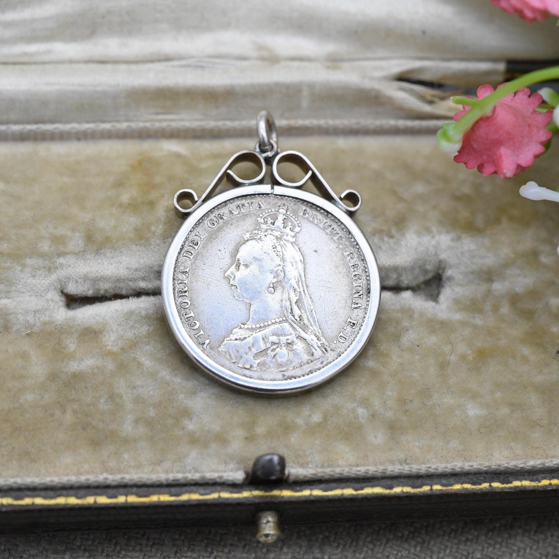 Antique 1887 Victoria Shilling Coin Charm Pendant - Openwork Scrolling Mount | Collectable Pendant