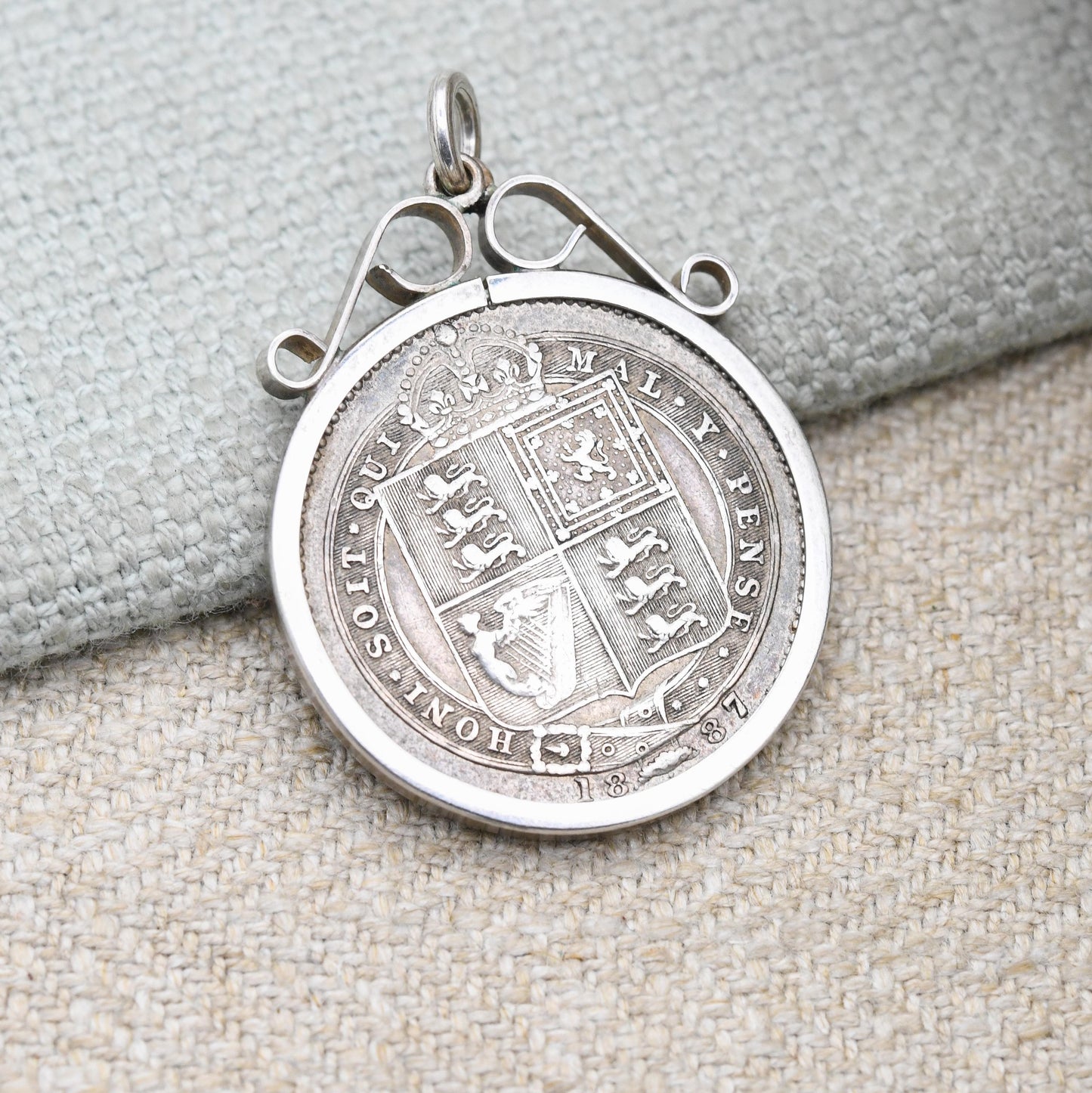 Antique 1887 Victoria Shilling Coin Charm Pendant - Openwork Scrolling Mount | Collectable Pendant