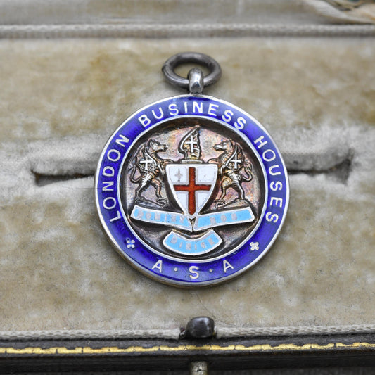 Vintage Sterling Silver Enamel Watch Fob Pendant with Shield Crest 1933 by Toye & Co - London Business Houses Cricket Winners