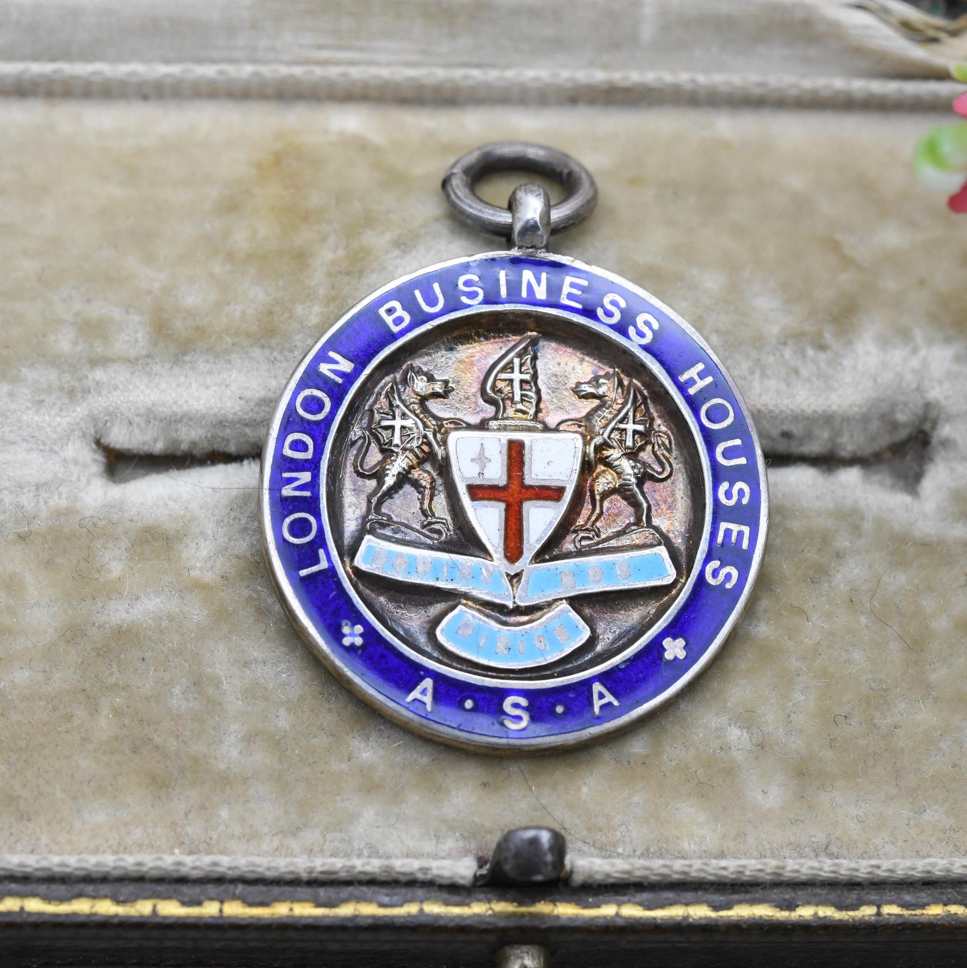 Vintage Sterling Silver Enamel Watch Fob Pendant with Shield Crest 1933 by Toye & Co - London Business Houses Cricket Winners