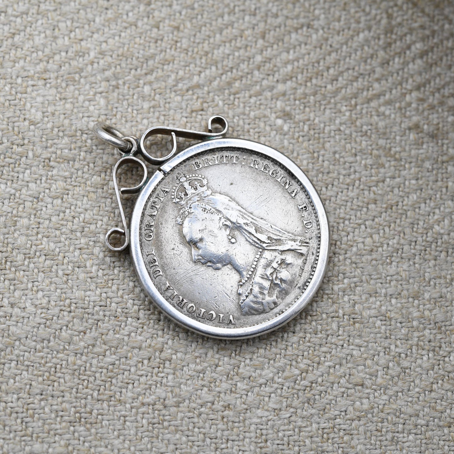 Antique 1887 Victoria Shilling Coin Charm Pendant - Openwork Scrolling Mount | Collectable Pendant