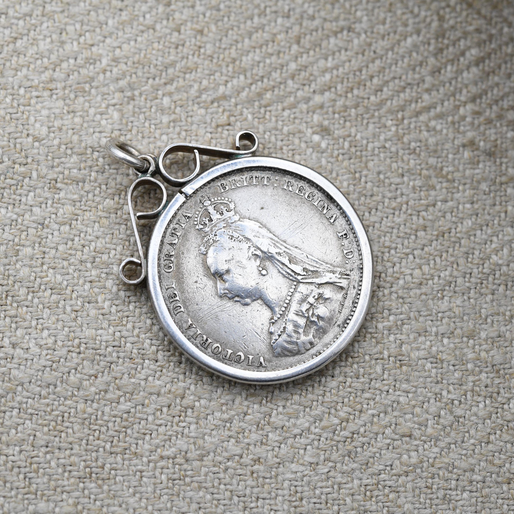 Antique 1887 Victoria Shilling Coin Charm Pendant - Openwork Scrolling Mount | Collectable Pendant