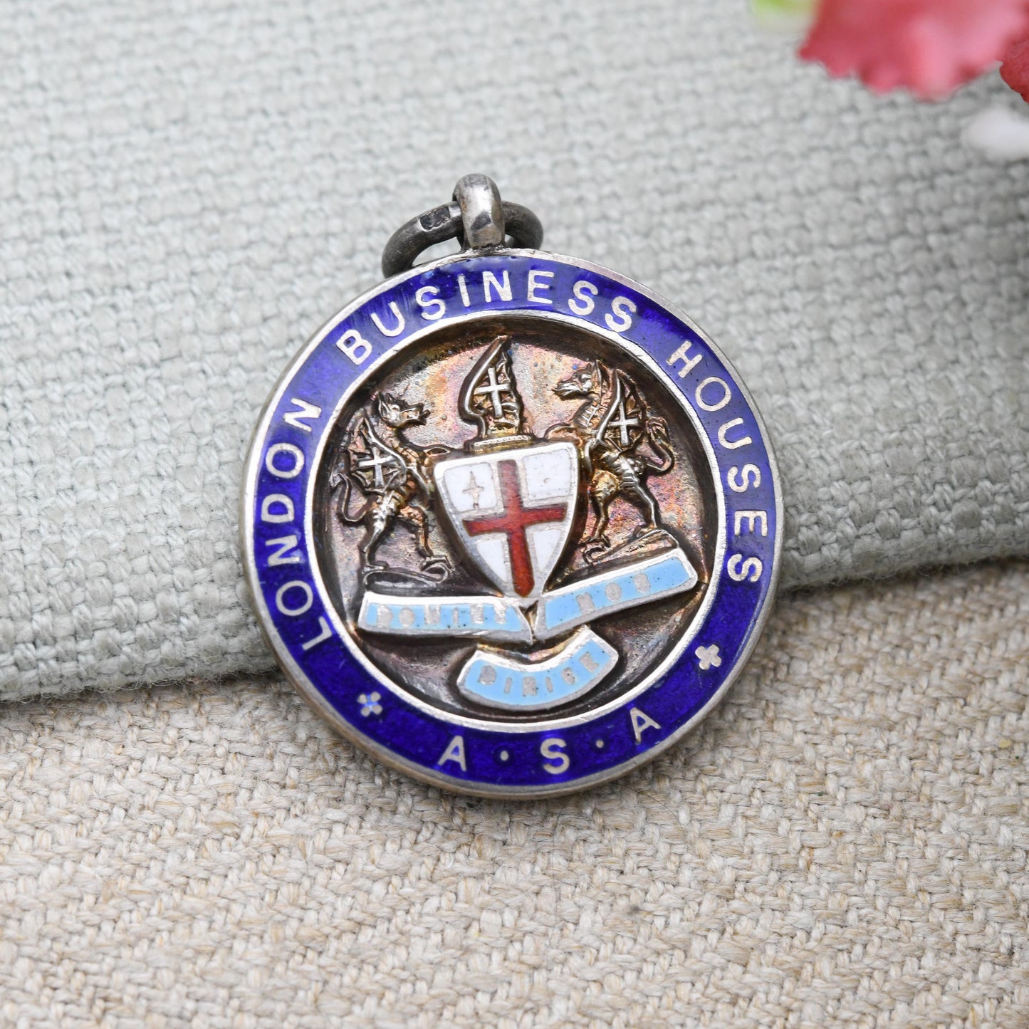 Vintage Sterling Silver Enamel Watch Fob Pendant with Shield Crest 1933 by Toye & Co - London Business Houses Cricket Winners