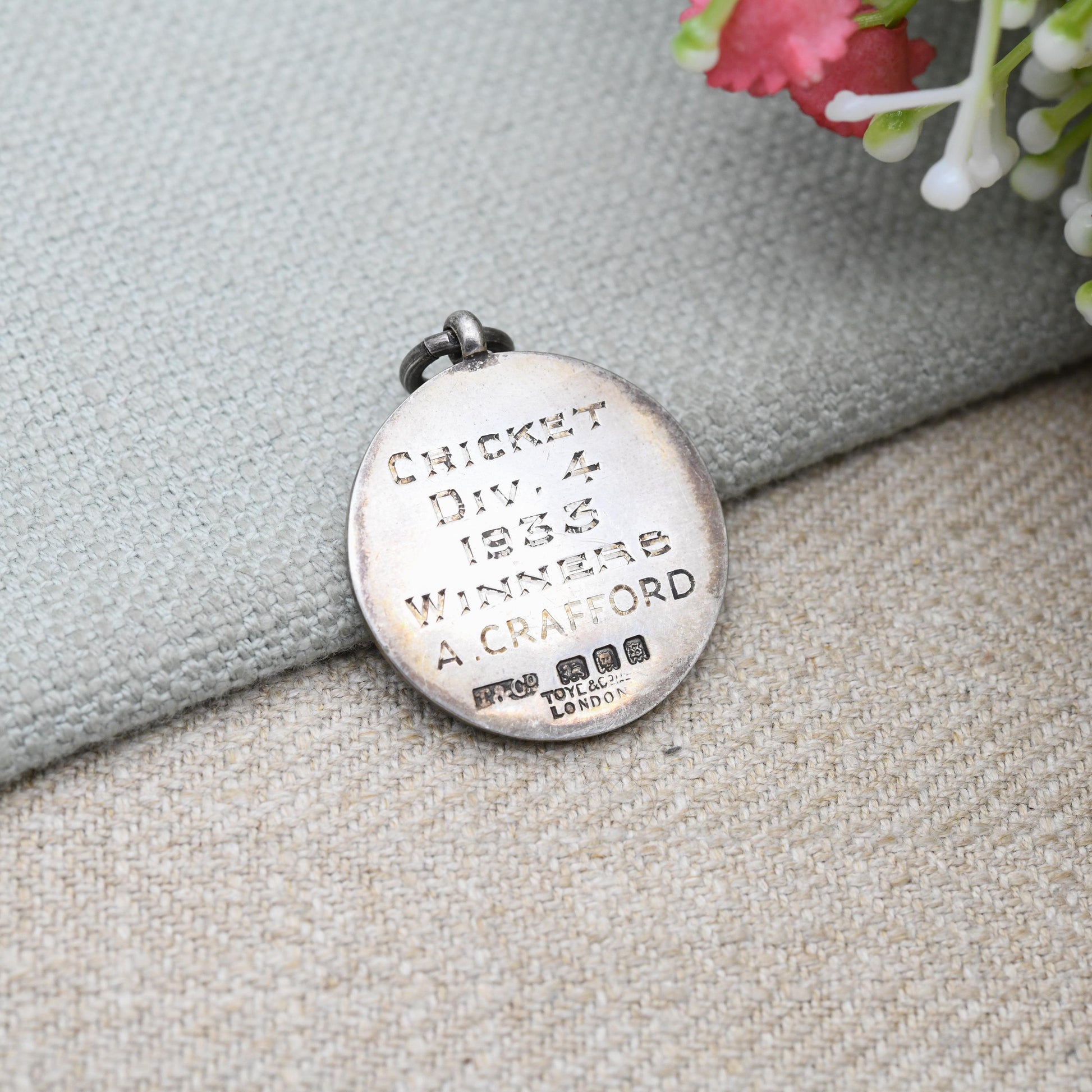 Vintage Sterling Silver Enamel Watch Fob Pendant with Shield Crest 1933 by Toye & Co - London Business Houses Cricket Winners