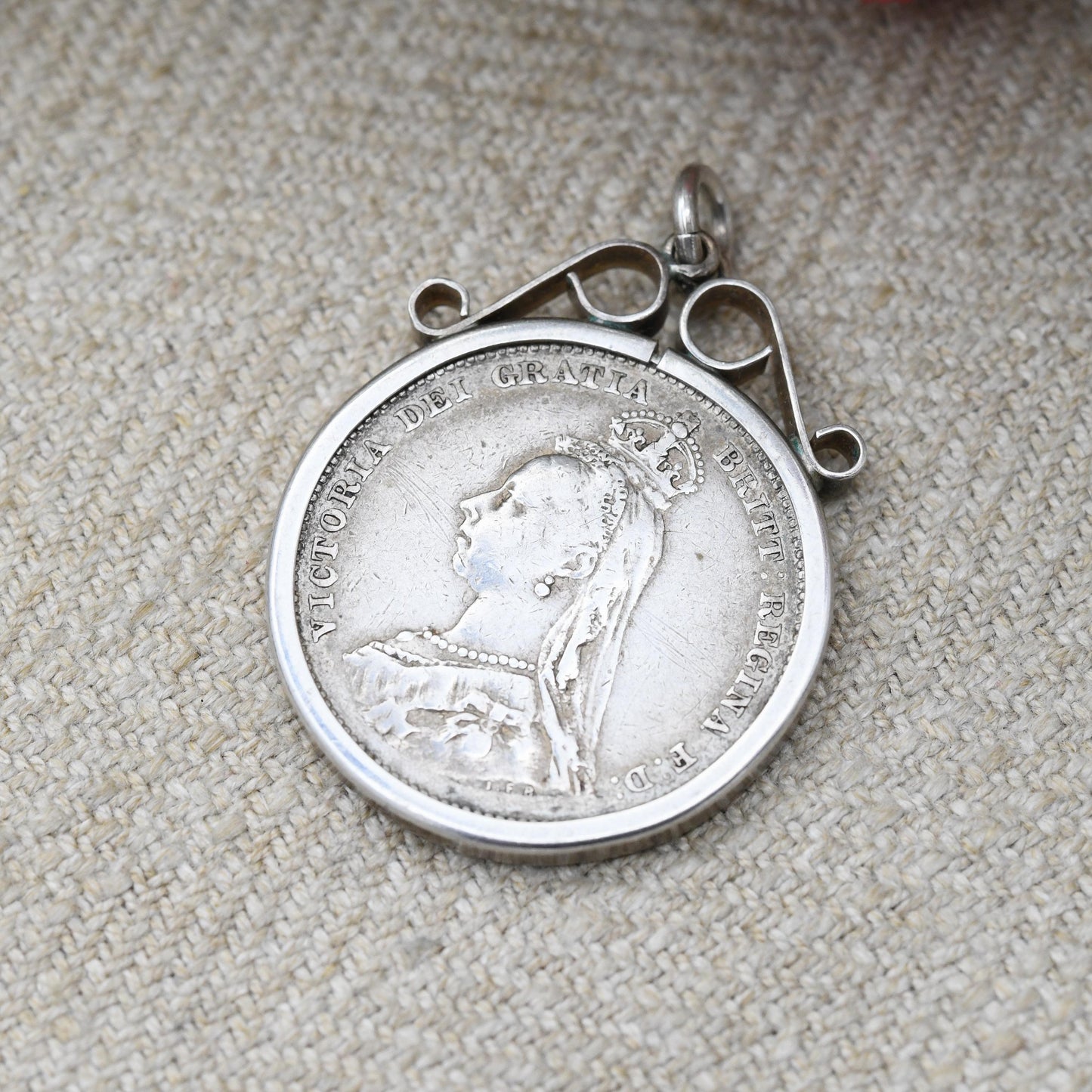 Antique 1887 Victoria Shilling Coin Charm Pendant - Openwork Scrolling Mount | Collectable Pendant