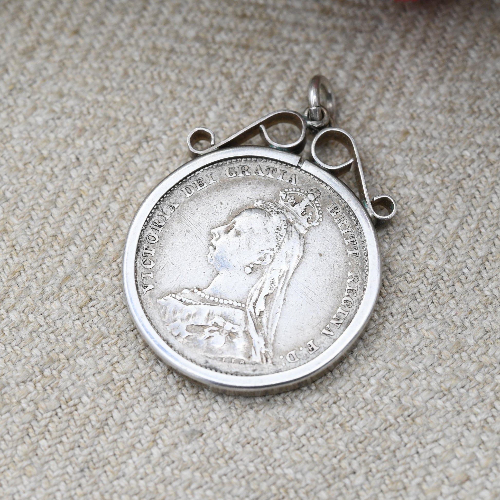 Antique 1887 Victoria Shilling Coin Charm Pendant - Openwork Scrolling Mount | Collectable Pendant