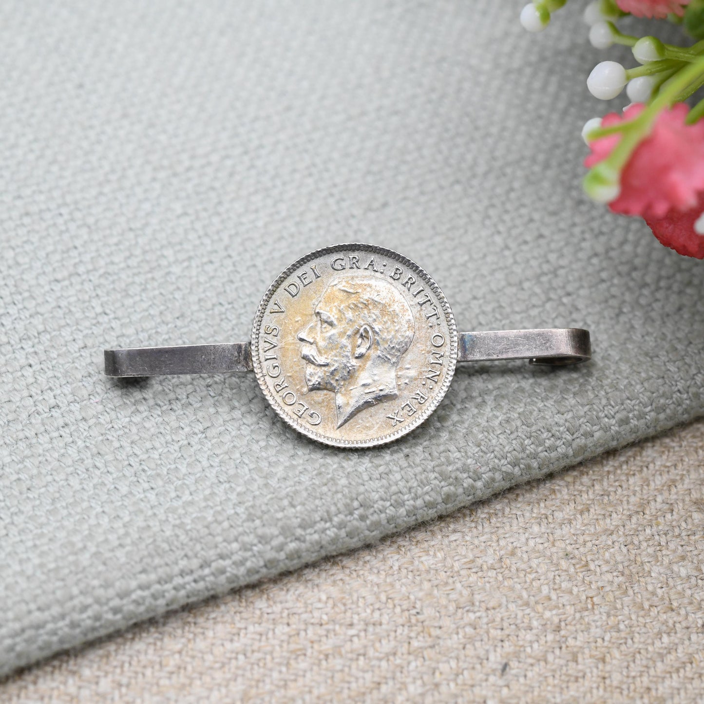 Antique Silver George V 1924 Six Pence Coin Bar Brooch - Collectable Silver Coin Jewellery