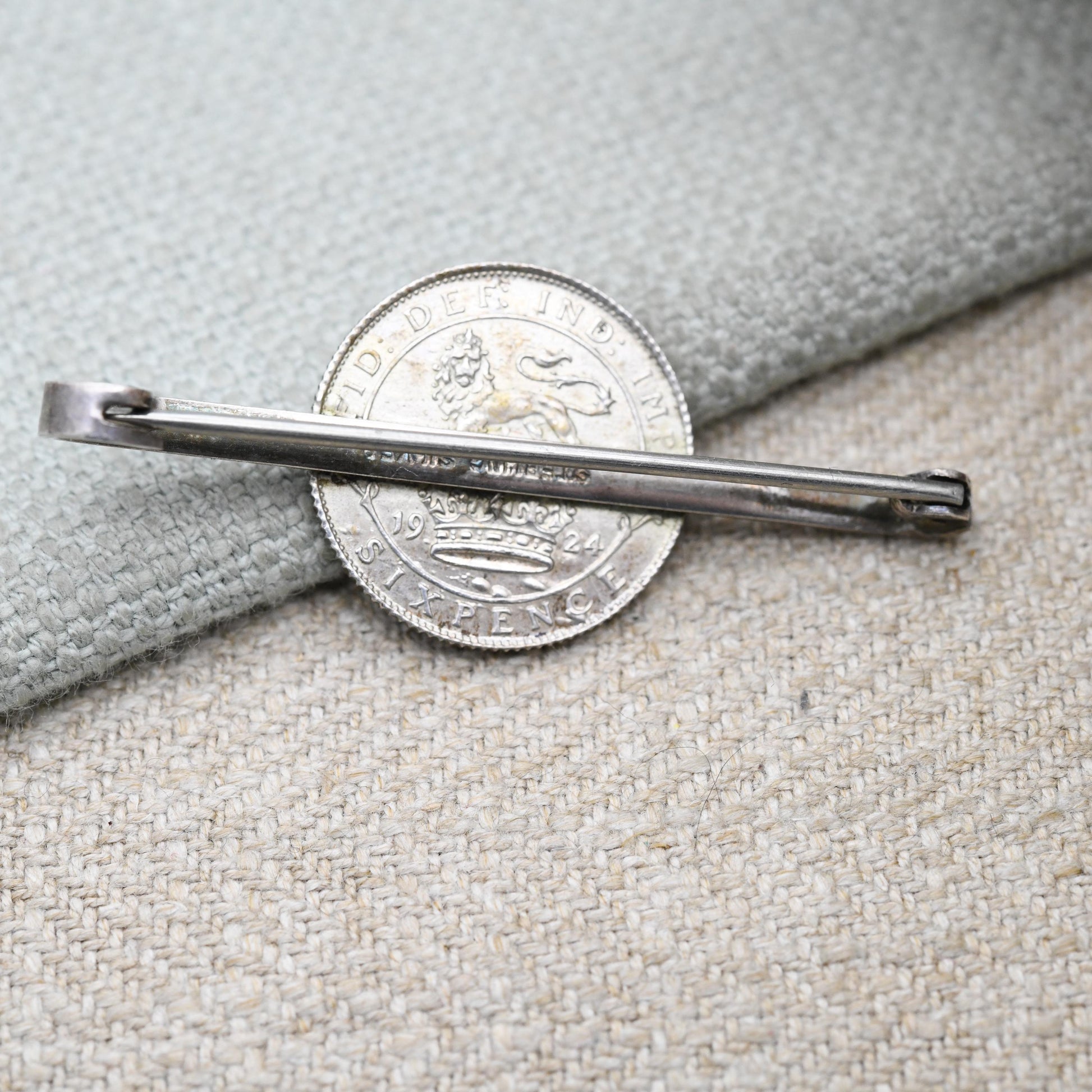 Antique Silver George V 1924 Six Pence Coin Bar Brooch - Collectable Silver Coin Jewellery