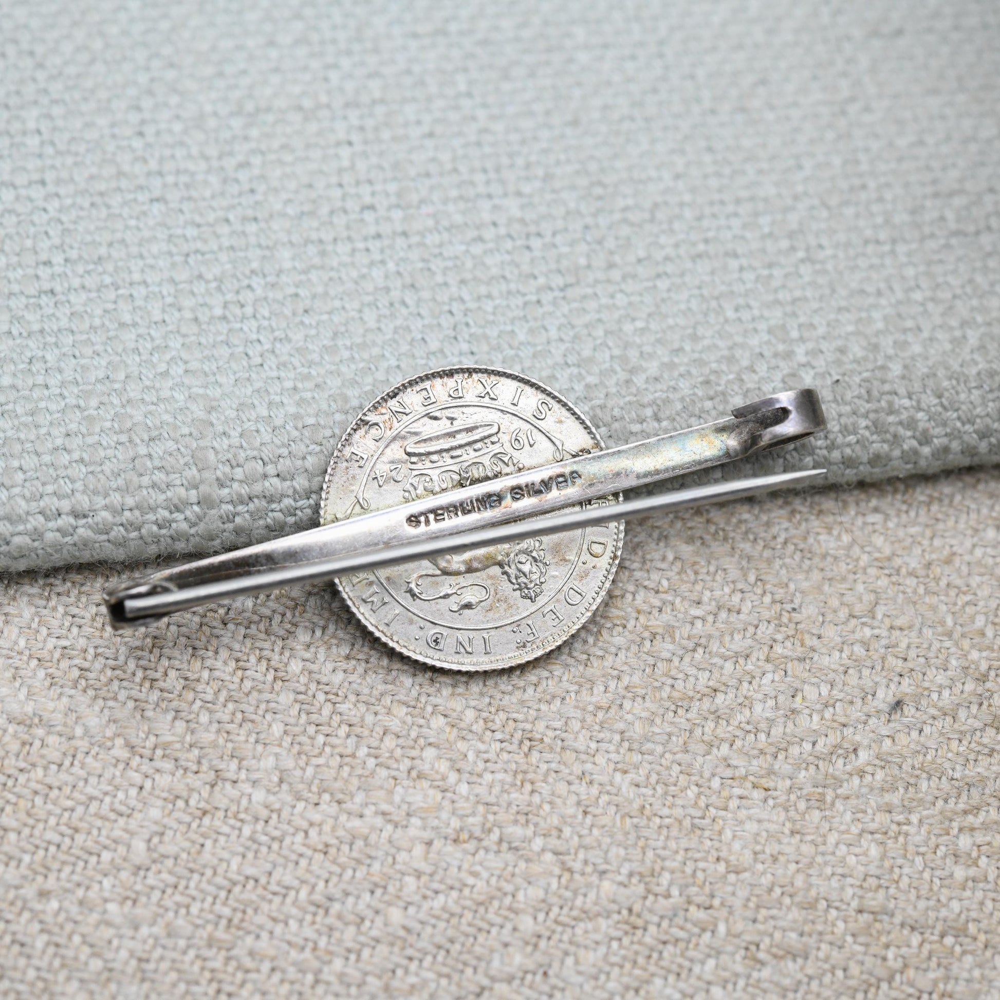 Antique Silver George V 1924 Six Pence Coin Bar Brooch - Collectable Silver Coin Jewellery