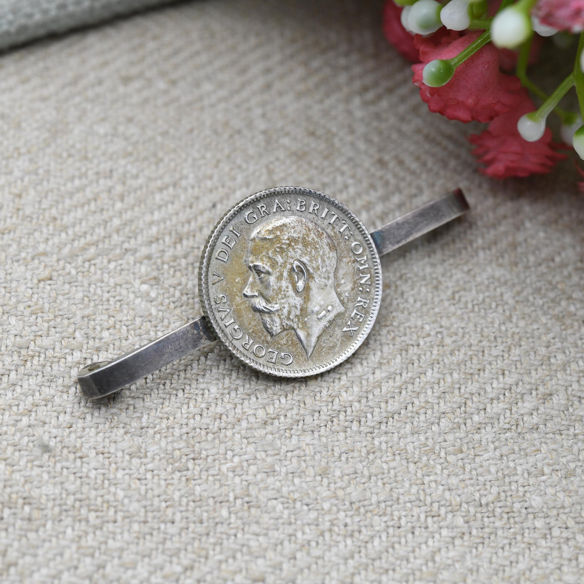 Antique Silver George V 1924 Six Pence Coin Bar Brooch - Collectable Silver Coin Jewellery