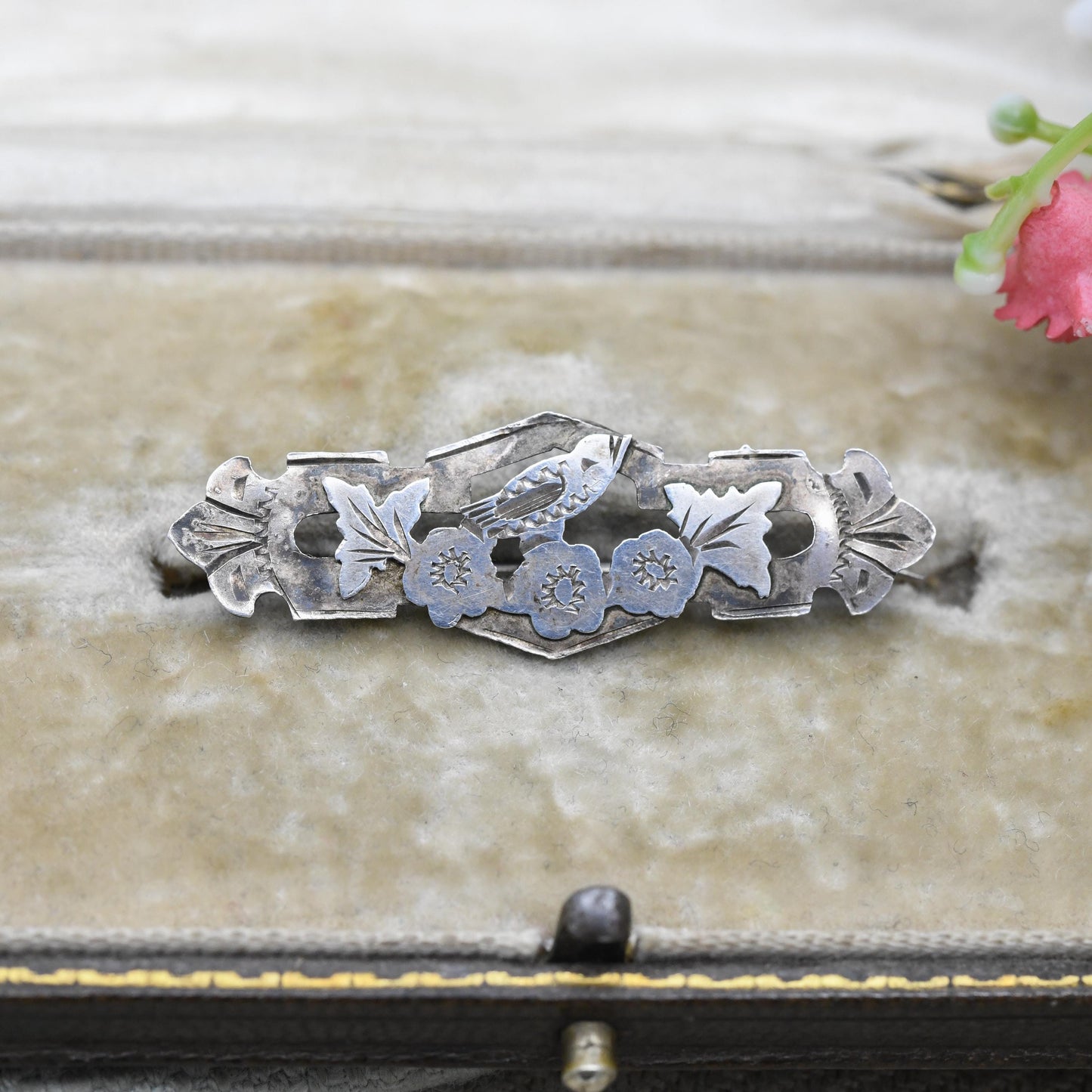Antique Edwardian Sterling Silver Floral Leaf and Bird Bar Brooch 1915 - Etched and Raised Relief Pin