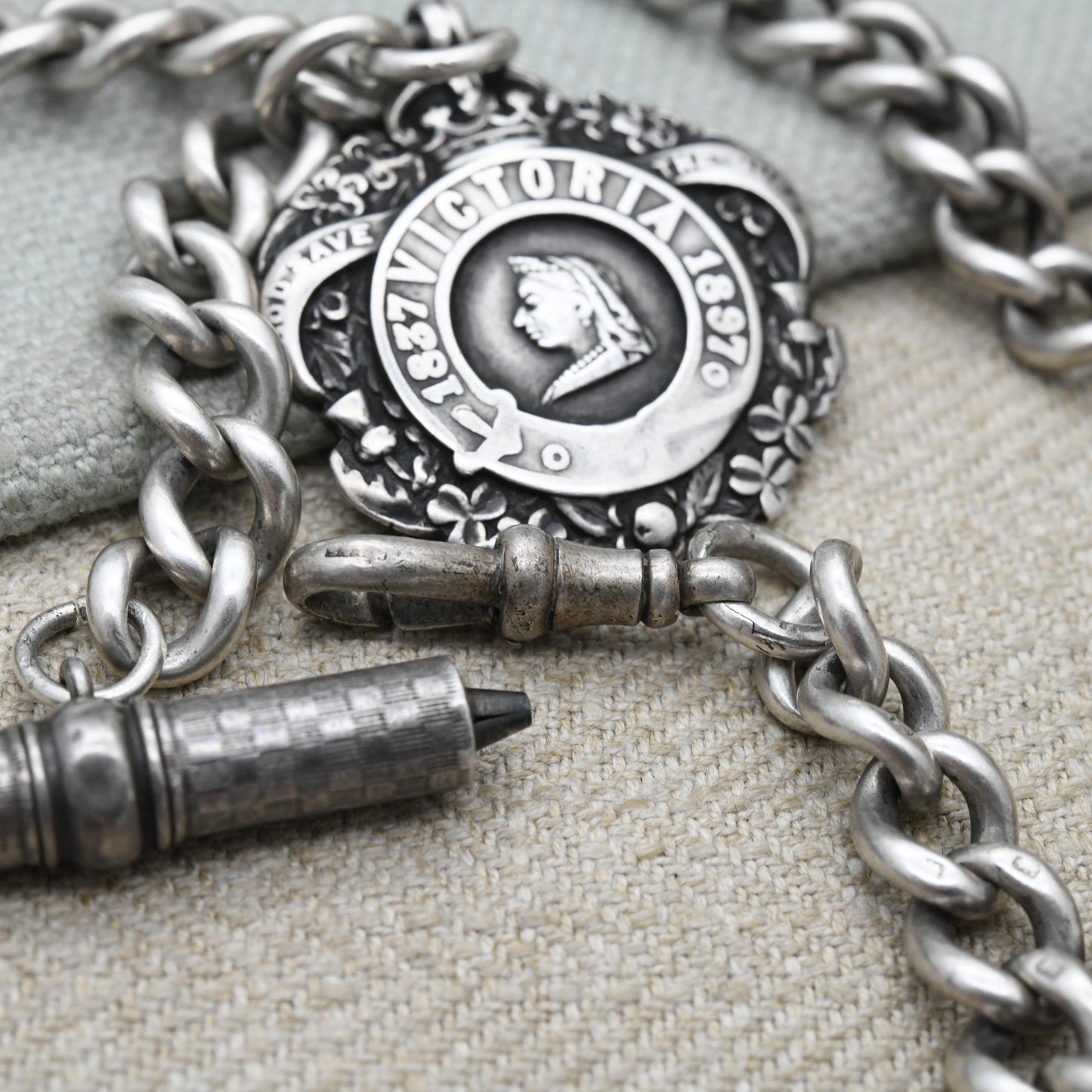 Antique Sterling Silver Albert Chain with Queen Victoria Diamond Jubilee Fob Medal 1897 Propelling Pencil Dog Clip