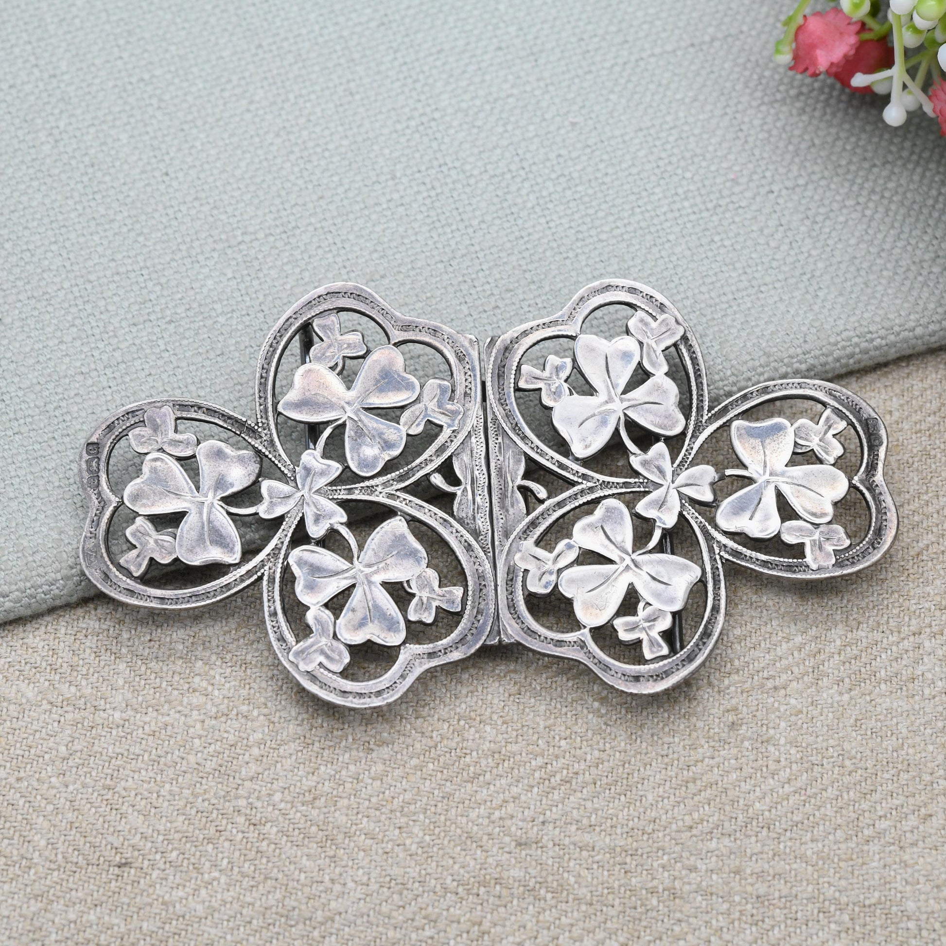Antique Silver Nurse Belt Buckle with Irish Shamrock Design by Able & Charnell Hallmarked 1902 Edwardian