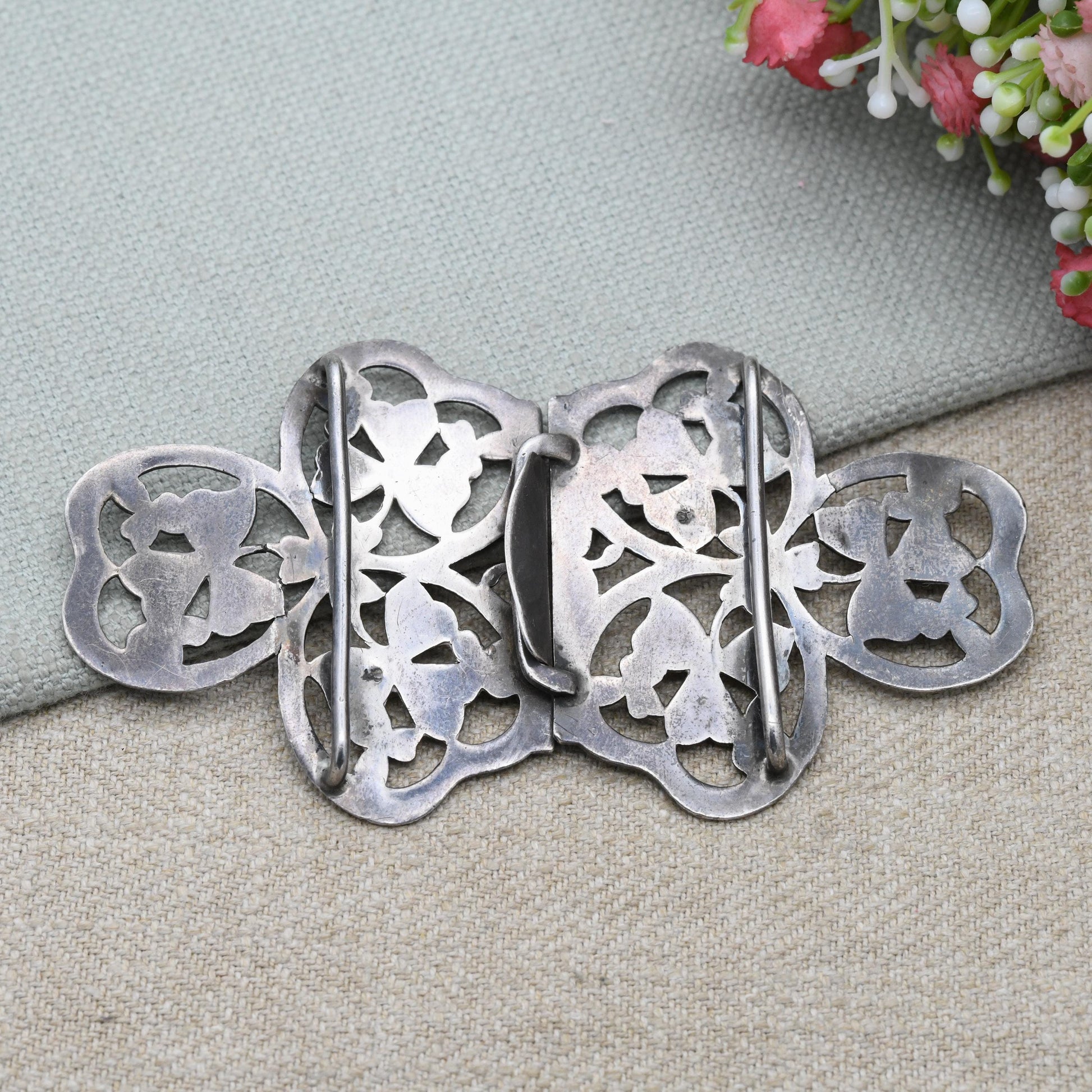 Antique Silver Nurse Belt Buckle with Irish Shamrock Design by Able & Charnell Hallmarked 1902 Edwardian