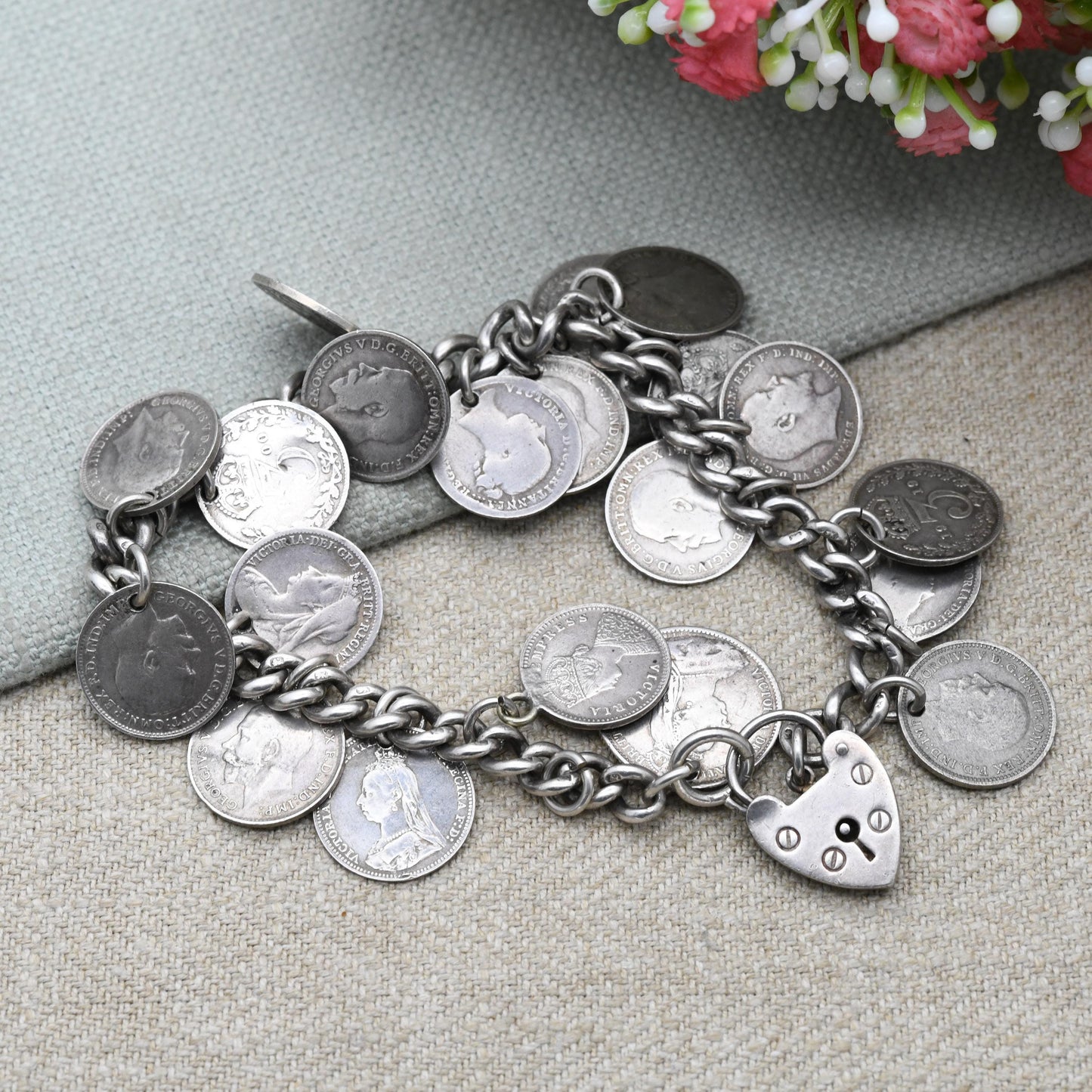 Antique Silver Coin Charm Bracelet c. 1900 - Victoria 1887 George V 1916 | Chunky Curb Link with Heart Padlock Clasp