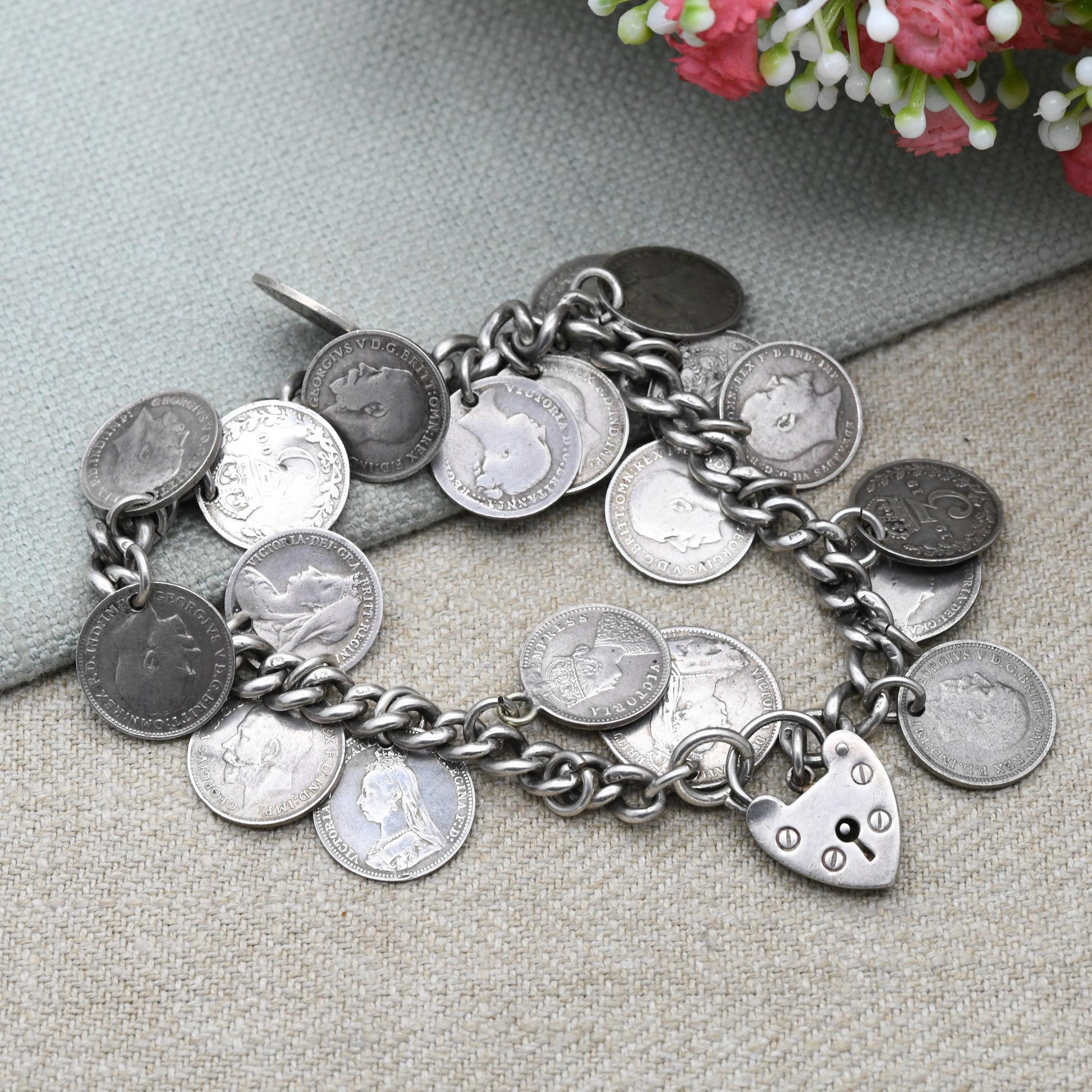 Antique Silver Coin Charm Bracelet c. 1900 - Victoria 1887 George V 1916 | Chunky Curb Link with Heart Padlock Clasp