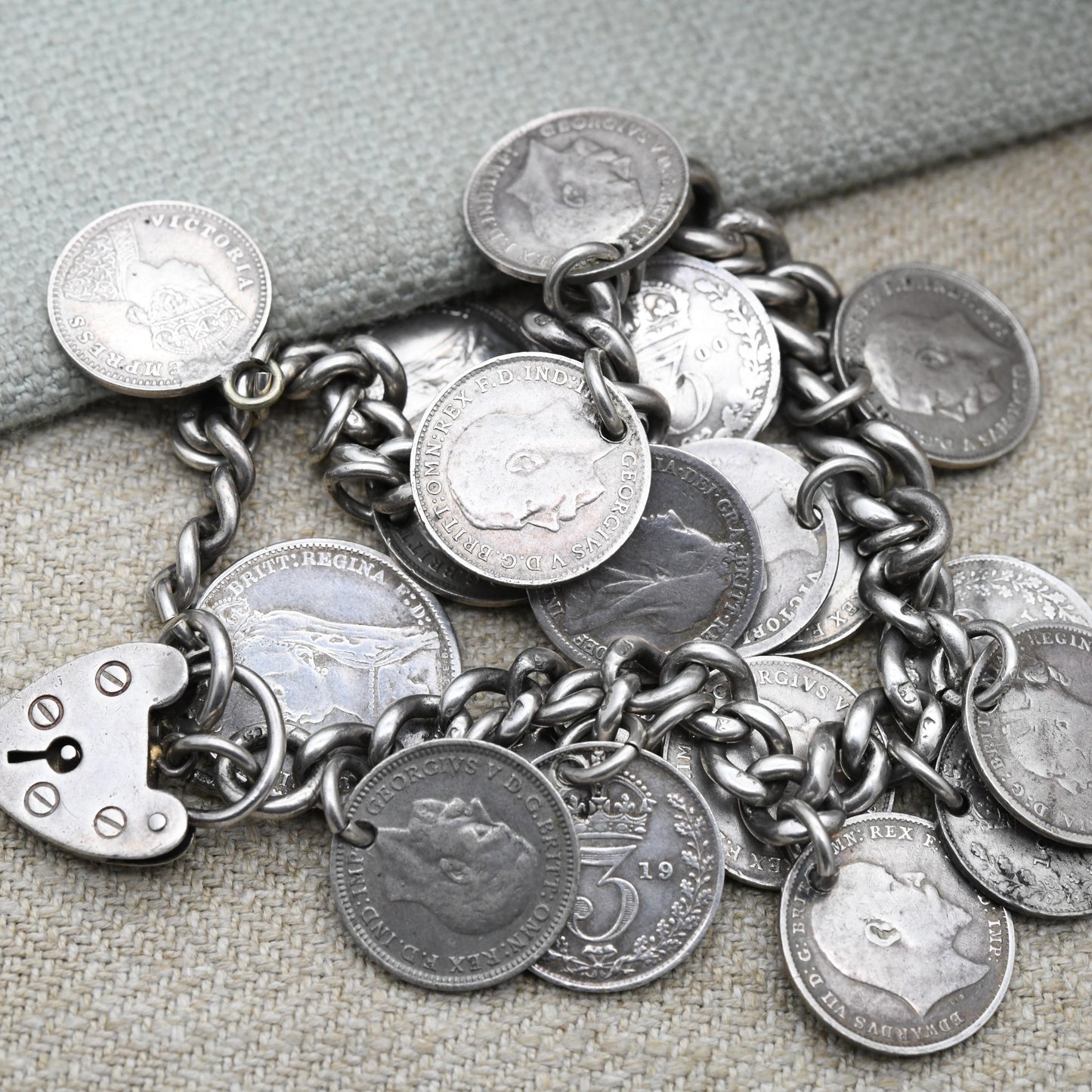 Antique Silver Coin Charm Bracelet c. 1900 - Victoria 1887 George V 1916 | Chunky Curb Link with Heart Padlock Clasp
