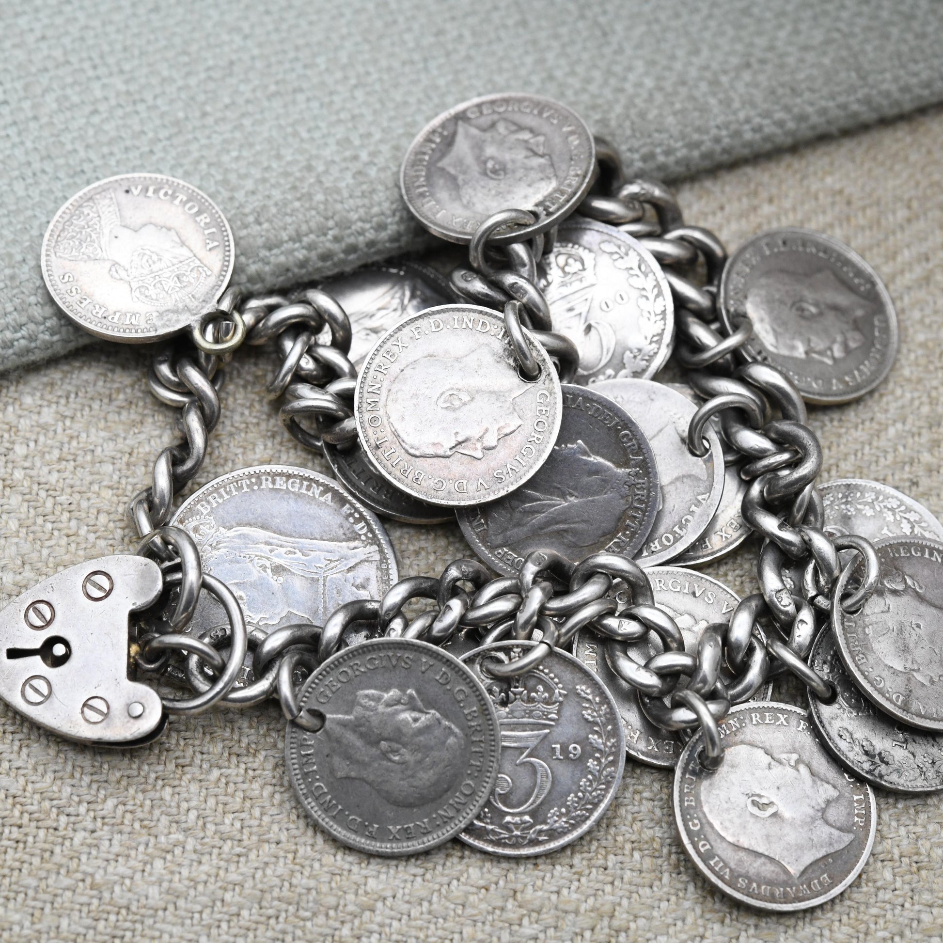 Antique Silver Coin Charm Bracelet c. 1900 - Victoria 1887 George V 1916 | Chunky Curb Link with Heart Padlock Clasp