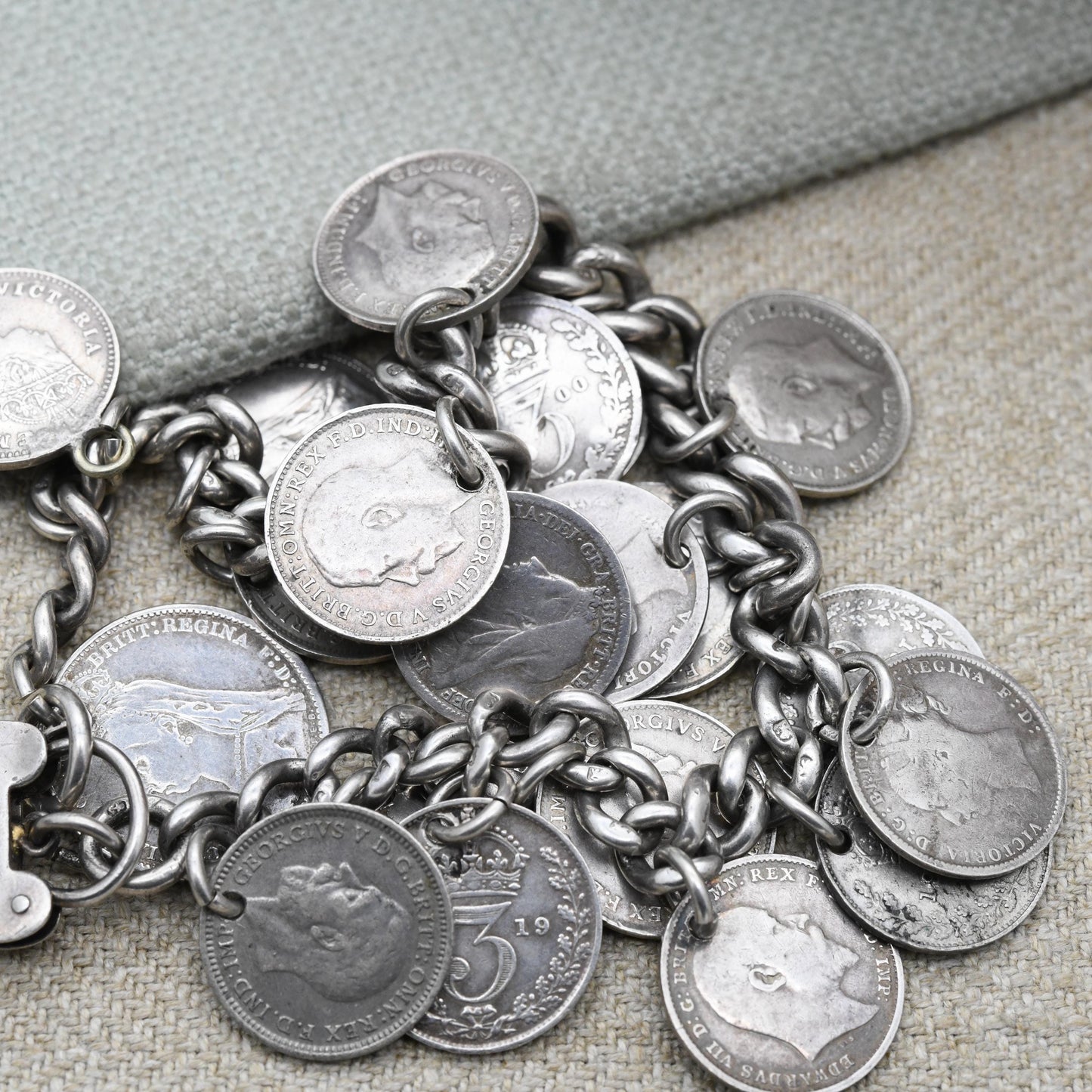 Antique Silver Coin Charm Bracelet c. 1900 - Victoria 1887 George V 1916 | Chunky Curb Link with Heart Padlock Clasp